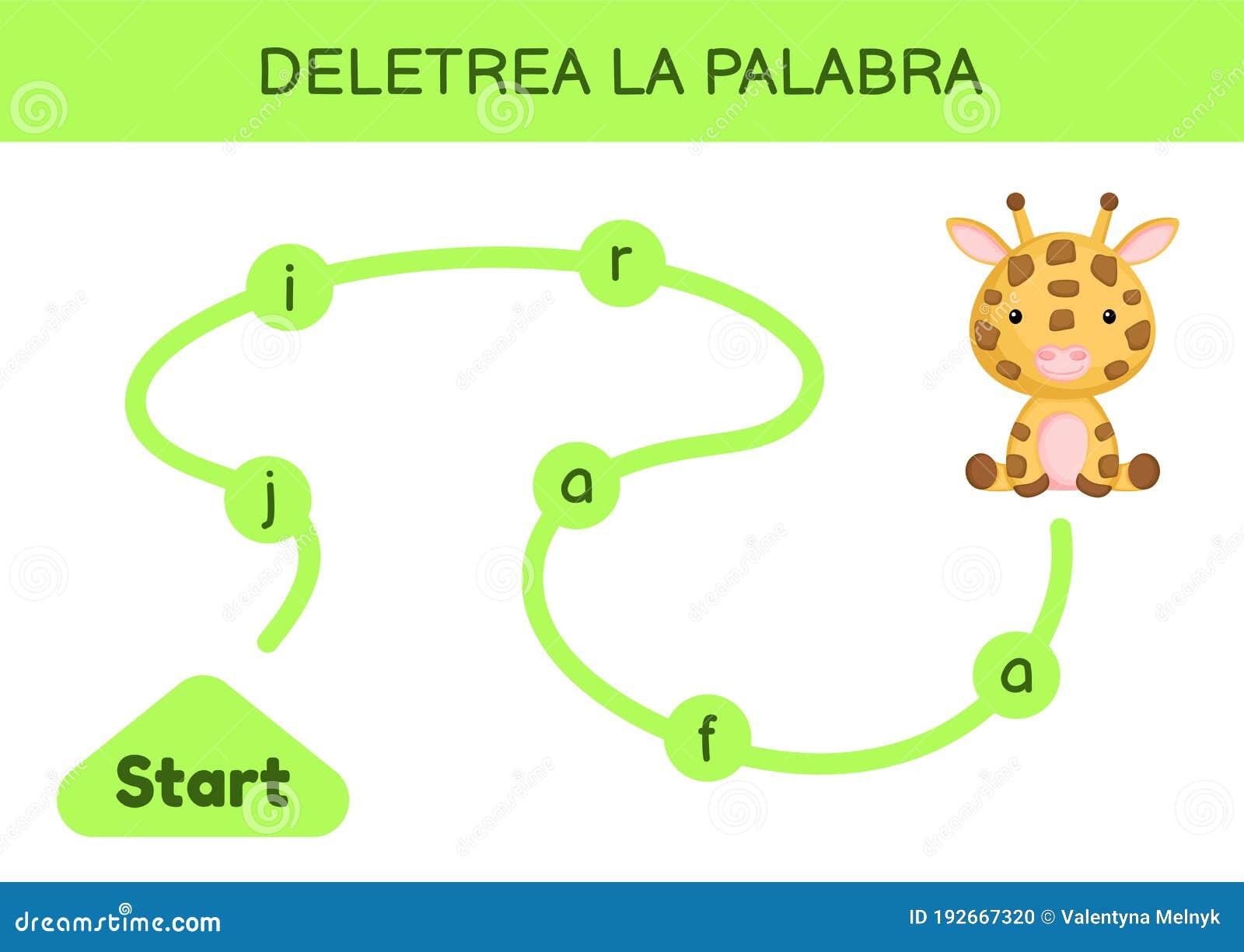 deletrea la palabra - spell the word. maze for kids. spelling word game template. learn to read word giraffe. activity page for