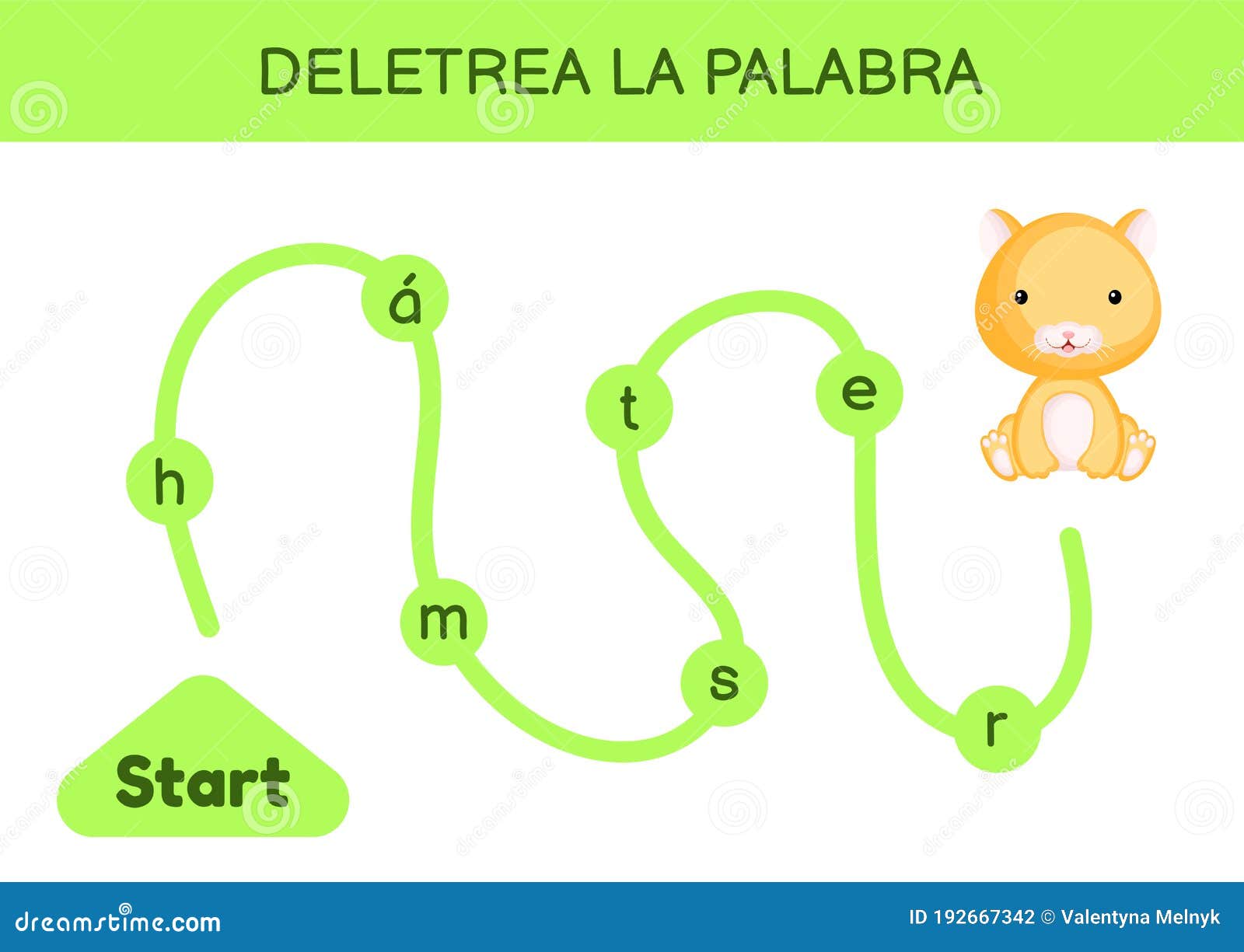 deletrea la palabra - spell the word. maze for kids. spelling word game template. learn to read word hamster. activity page for