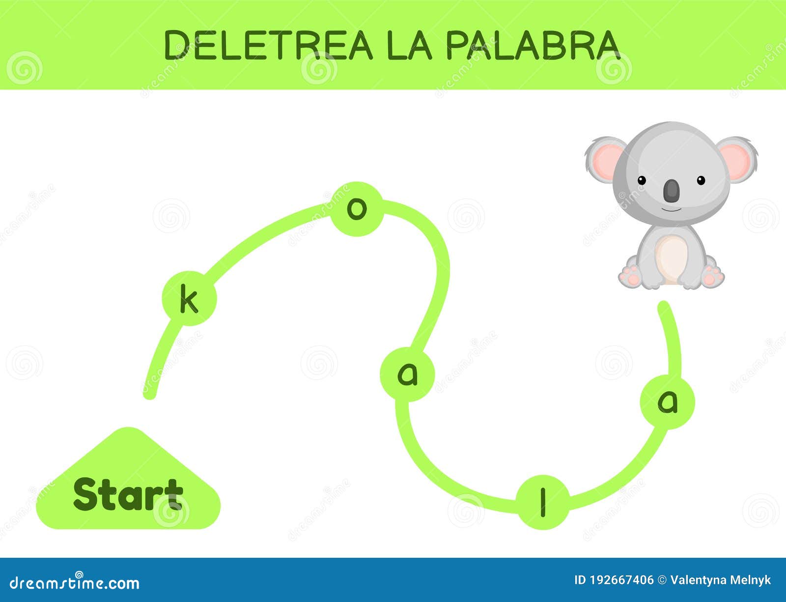 deletrea la palabra - spell the word. maze for kids. spelling word game template. learn to read word koala. activity page for