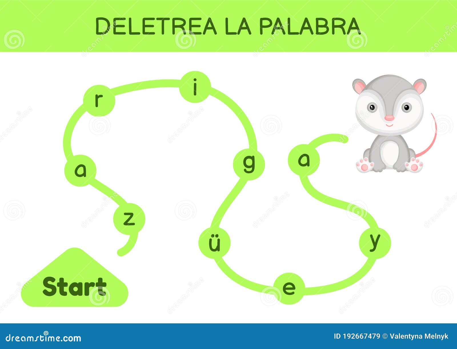 deletrea la palabra - spell the word. maze for kids. spelling word game template. learn to read word opossum. activity page for