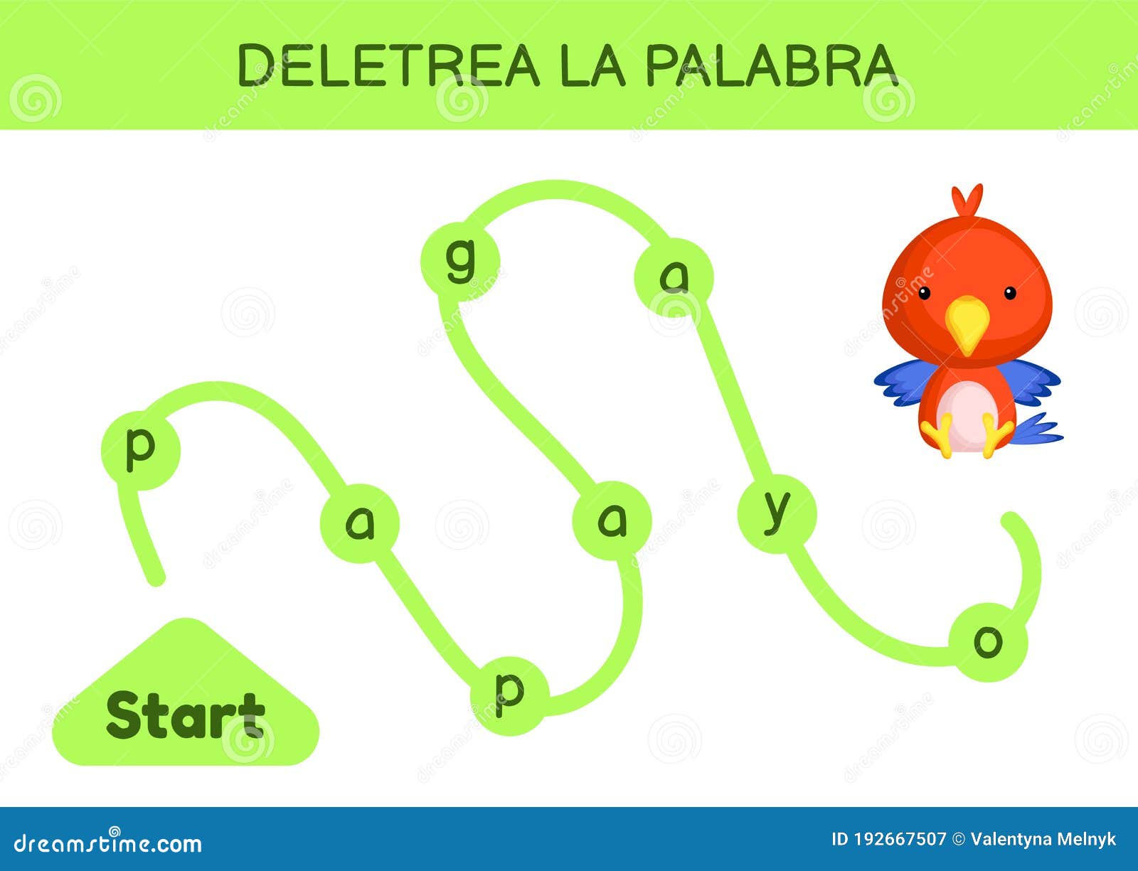 deletrea la palabra - spell the word. maze for kids. spelling word game template. learn to read word parrot. activity page for