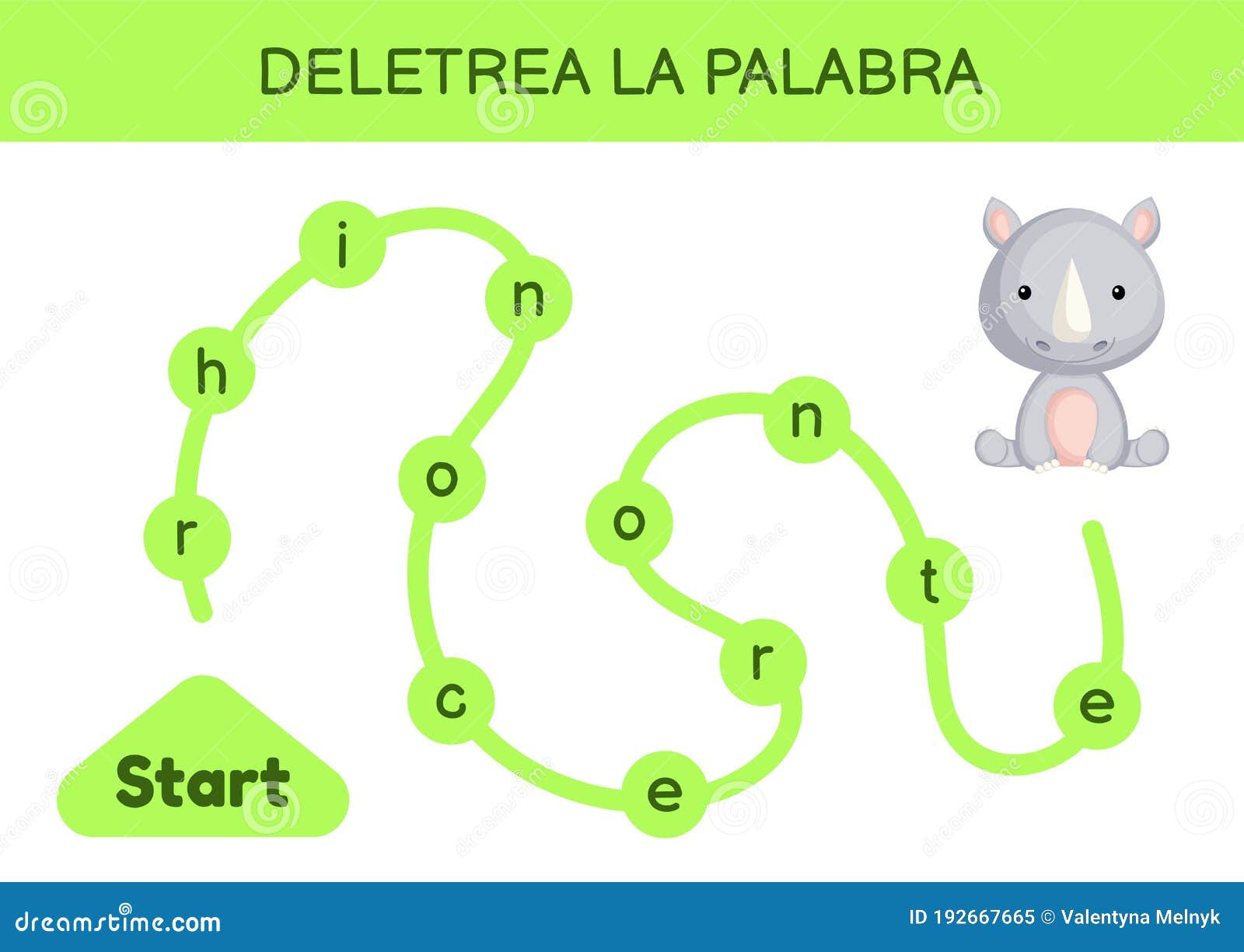 deletrea la palabra - spell the word. maze for kids. spelling word game template. learn to read word rhino. activity page for