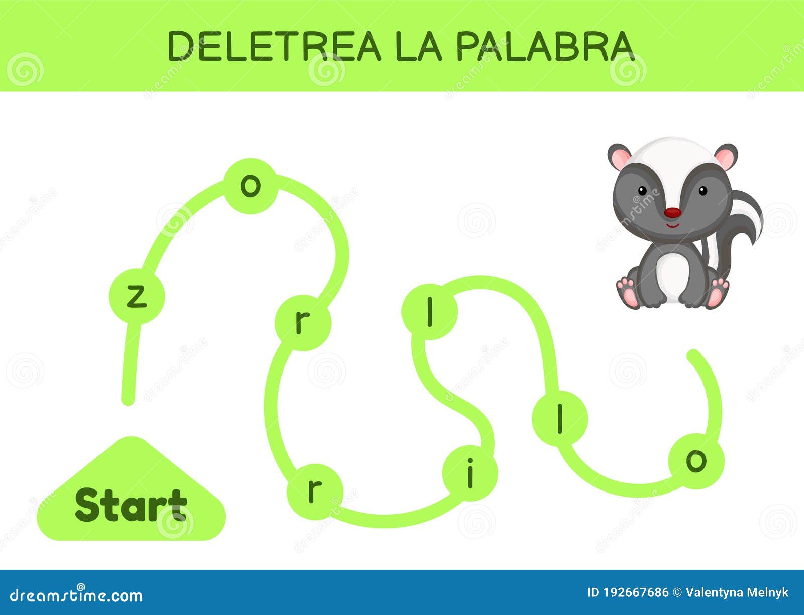 deletrea la palabra - spell the word. maze for kids. spelling word game template. learn to read word skunk. activity page for