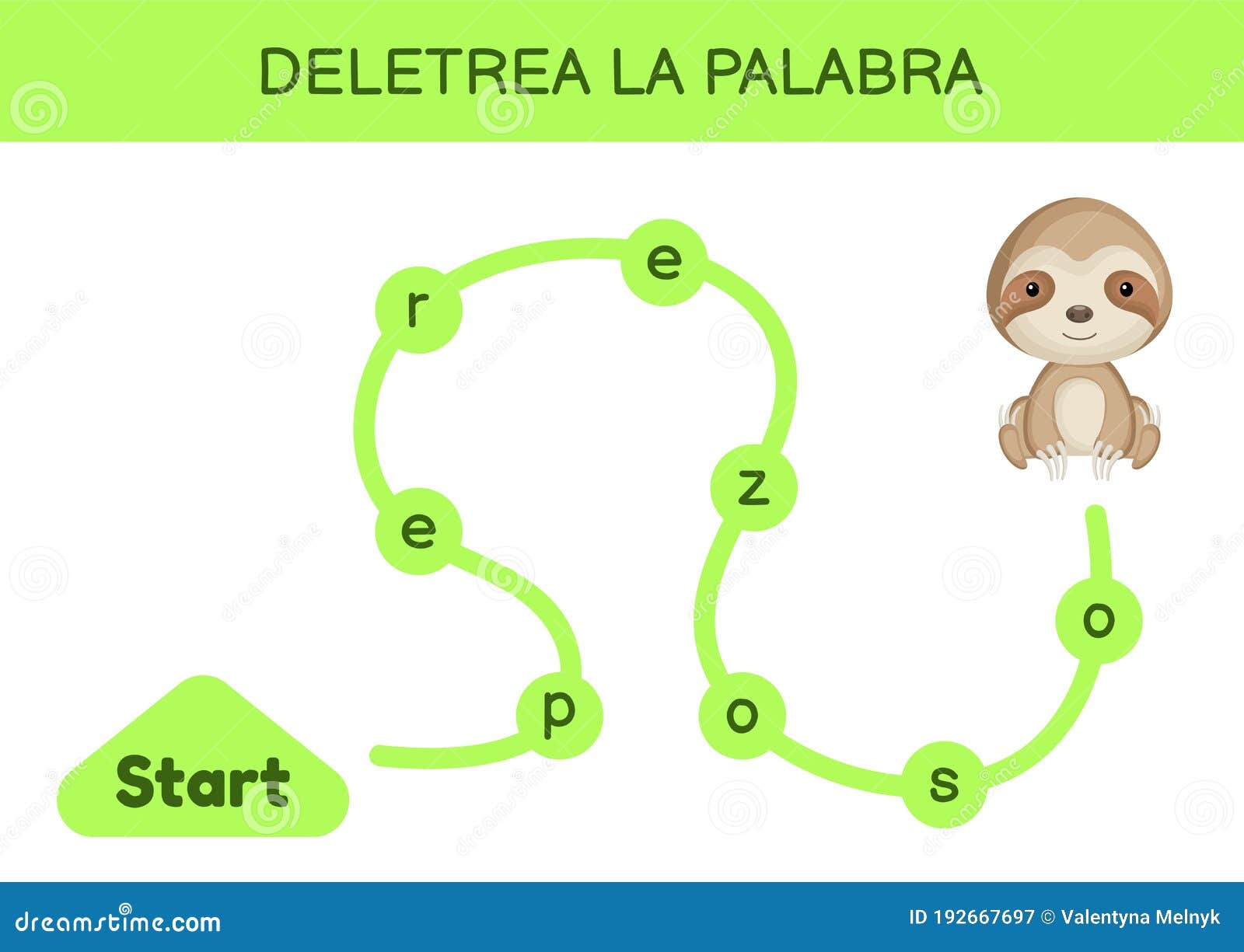 deletrea la palabra - spell the word. maze for kids. spelling word game template. learn to read word sloth. activity page for