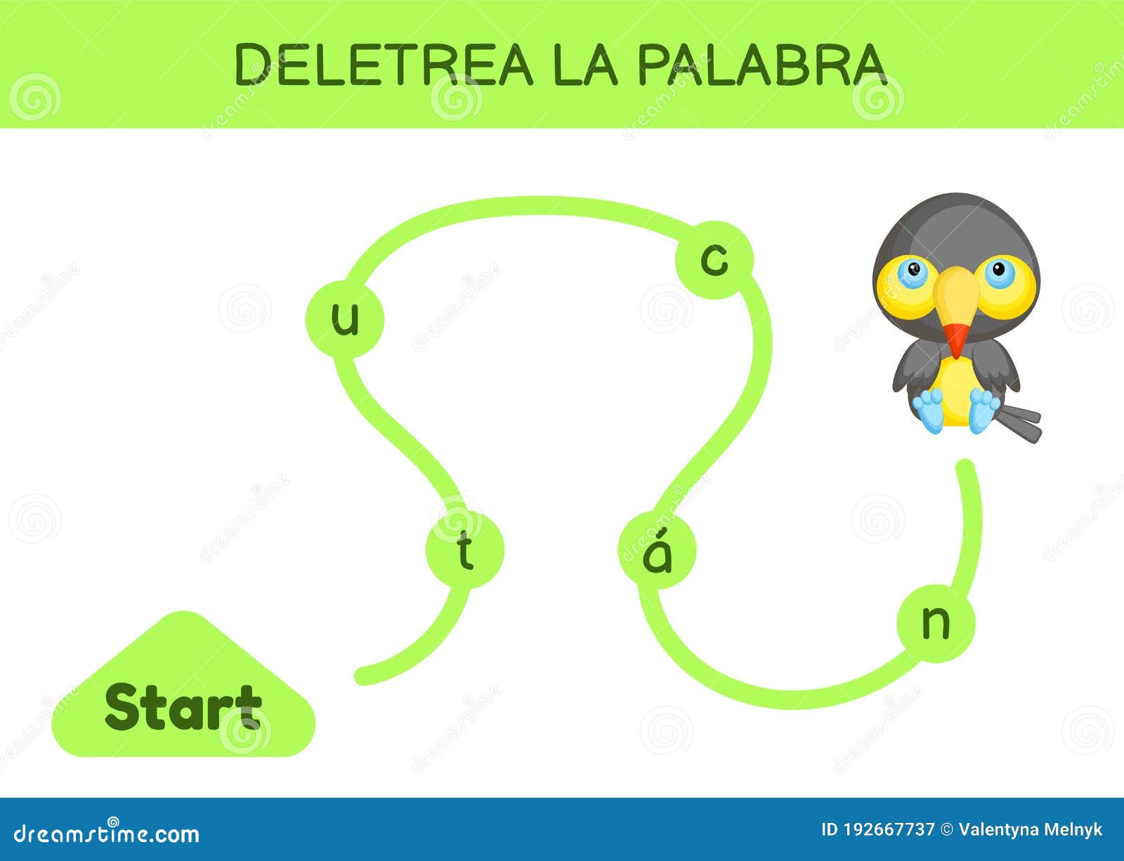 deletrea la palabra - spell the word. maze for kids. spelling word game template. learn to read word toucan. activity page for