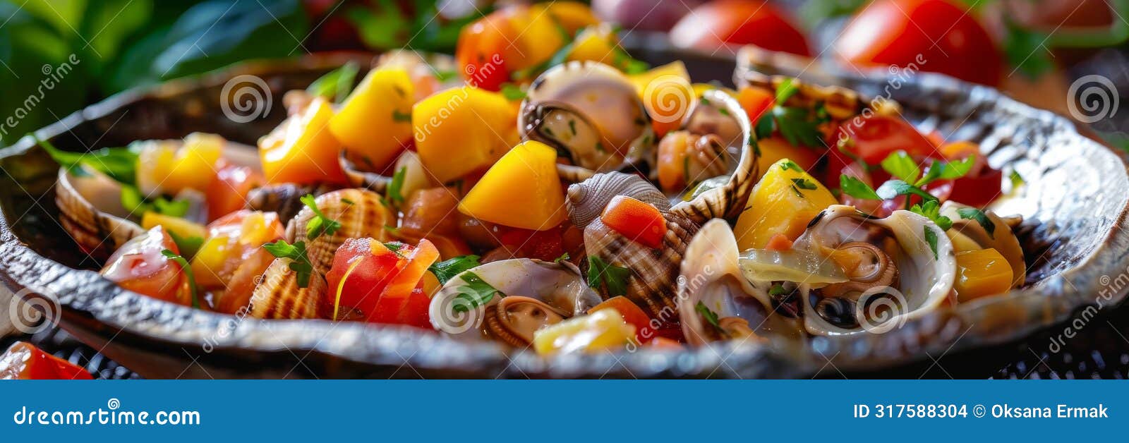 delicacy seafood dish with cooked seashells, bivalves or mytilus, tomatoes and mangoes salsa