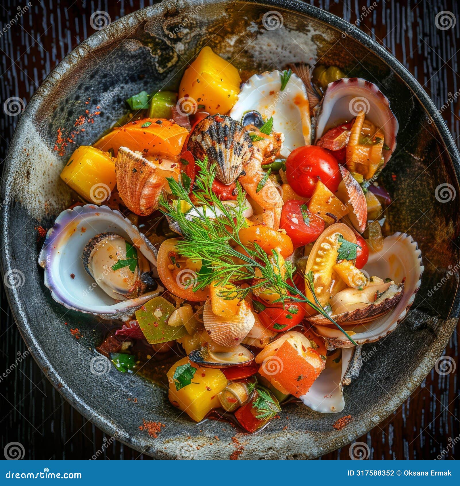 delicacy seafood dish with cooked seashells, bivalves or mytilus, tomatoes and mangoes salsa