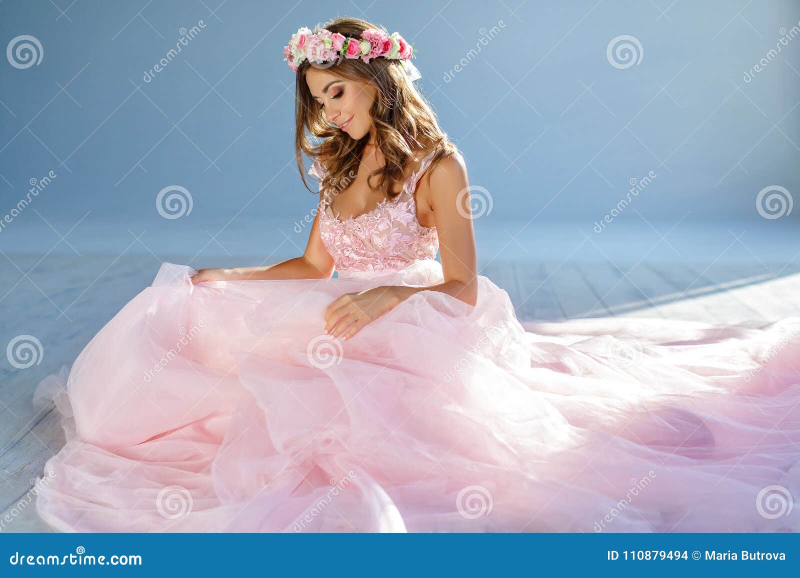 Delicate Beautiful Girl In A Pink Dress And Wreath Of Flowers Sm Stock