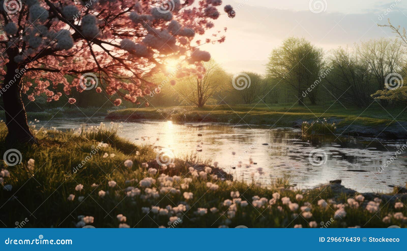 delicate cherry blossoms and serene river in unreal engine: a photorealistic spring scenery