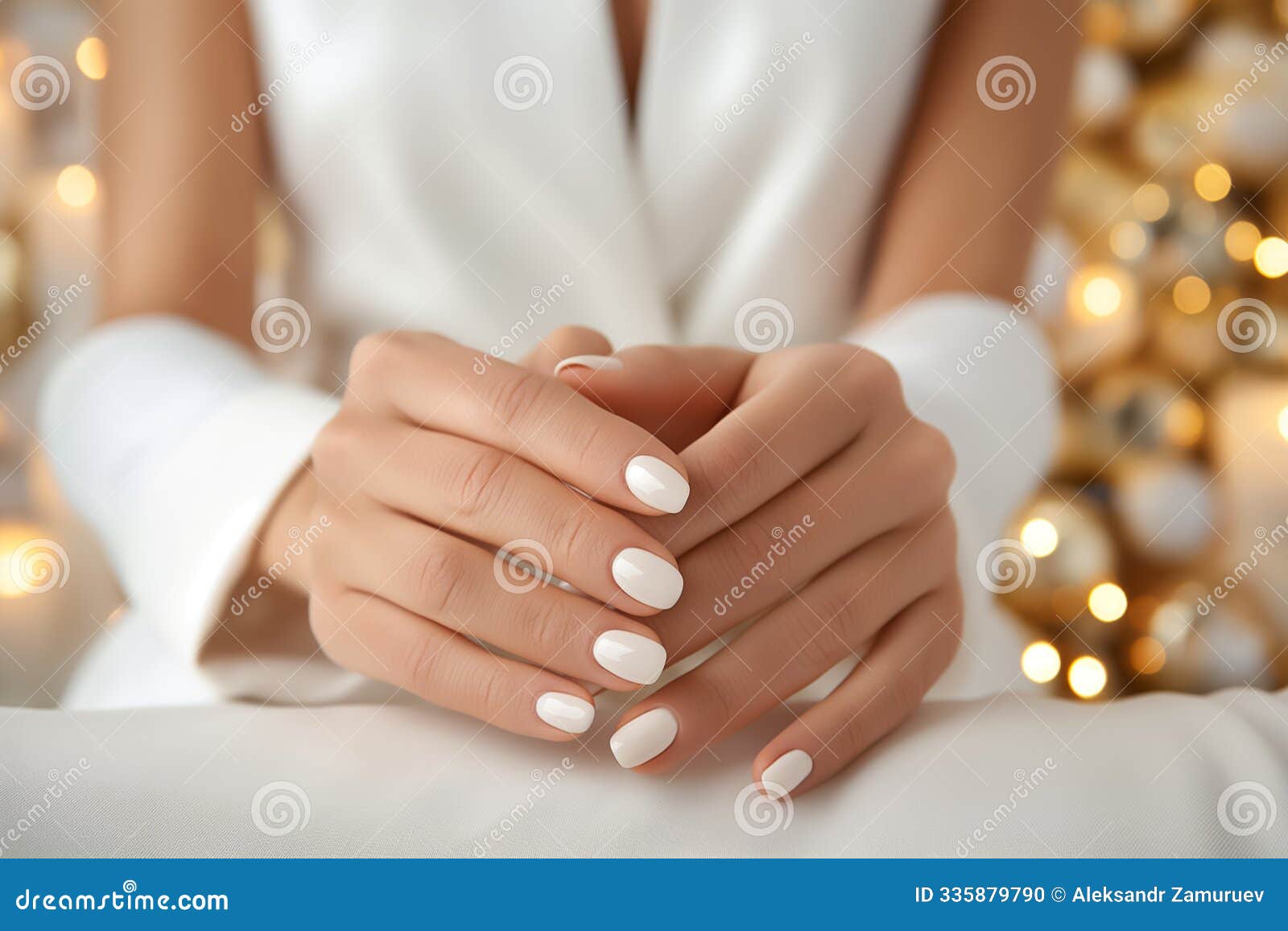 delicate hands showcase a flawless white manicure, resting on a soft surface surrounded by shimmering golden decorations