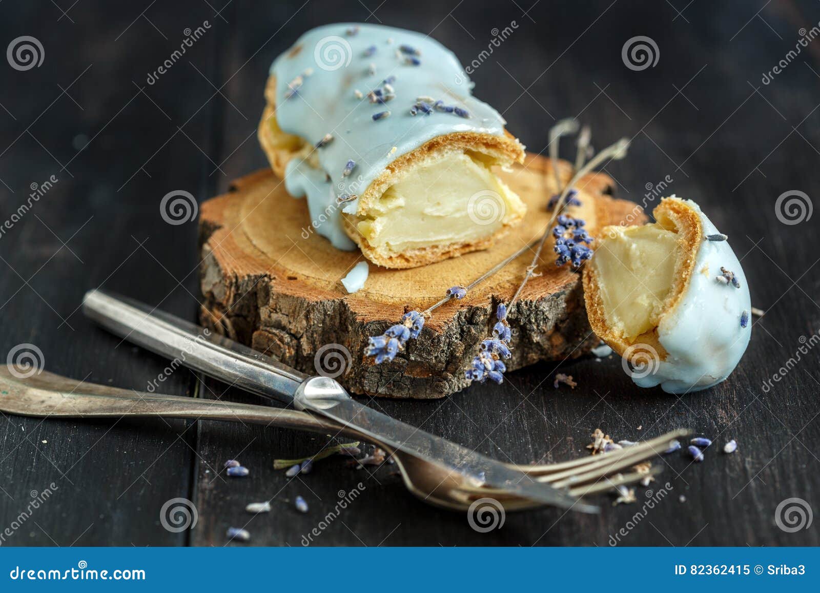 Delicate lavender eclair. stock image. Image of closeup - 82362415