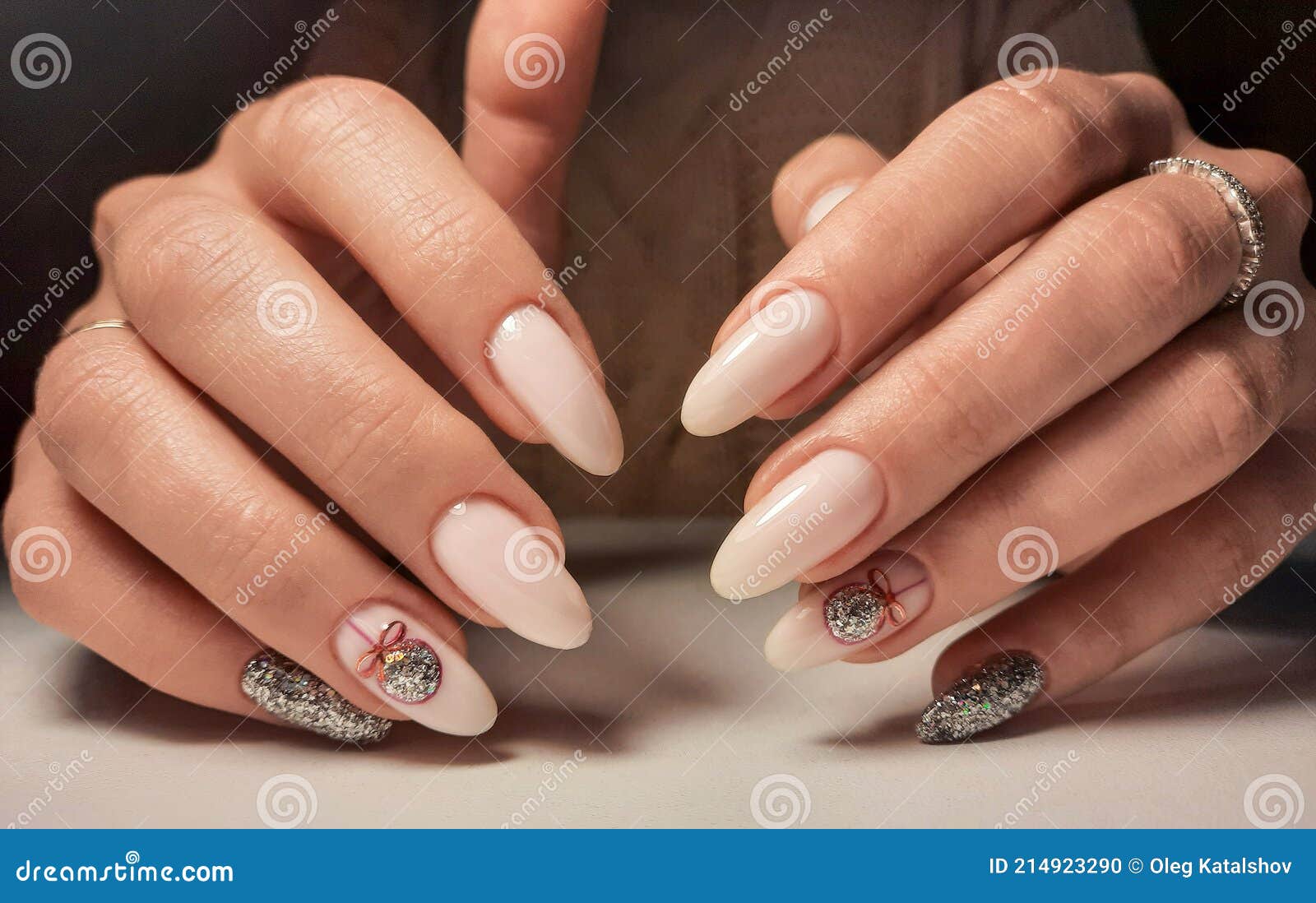 Delicate Pink Gel Polish On Long Nails With A Silver Design. Nude Manicure  With A Brilliant Design Stock Photo - Image Of Finger, Brilliant: 214923290