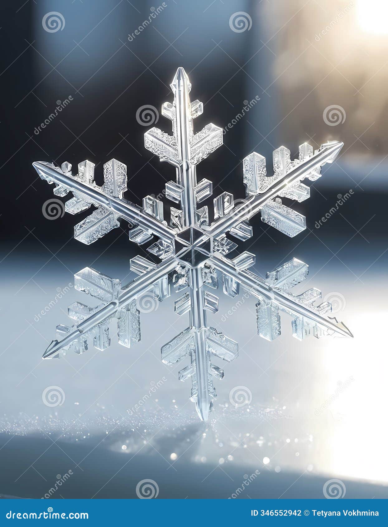 snowflake resting on a snow-covered ground in a mountainous landscape during winter twilight