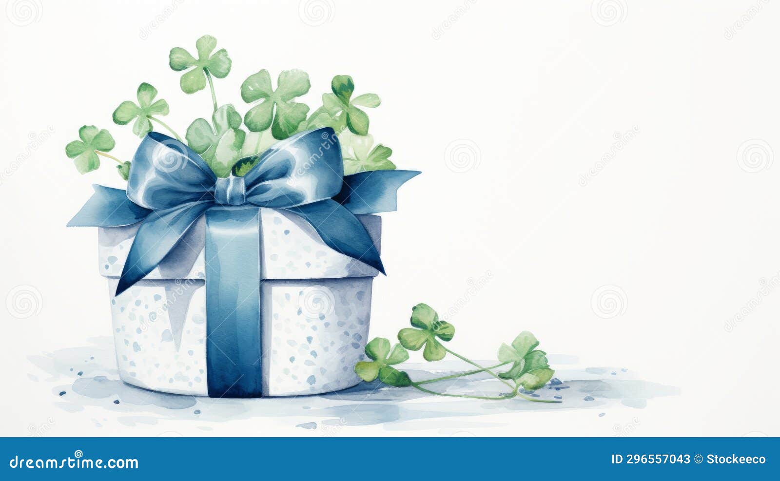 delicate watercolor blue box label with green shamrock leaves