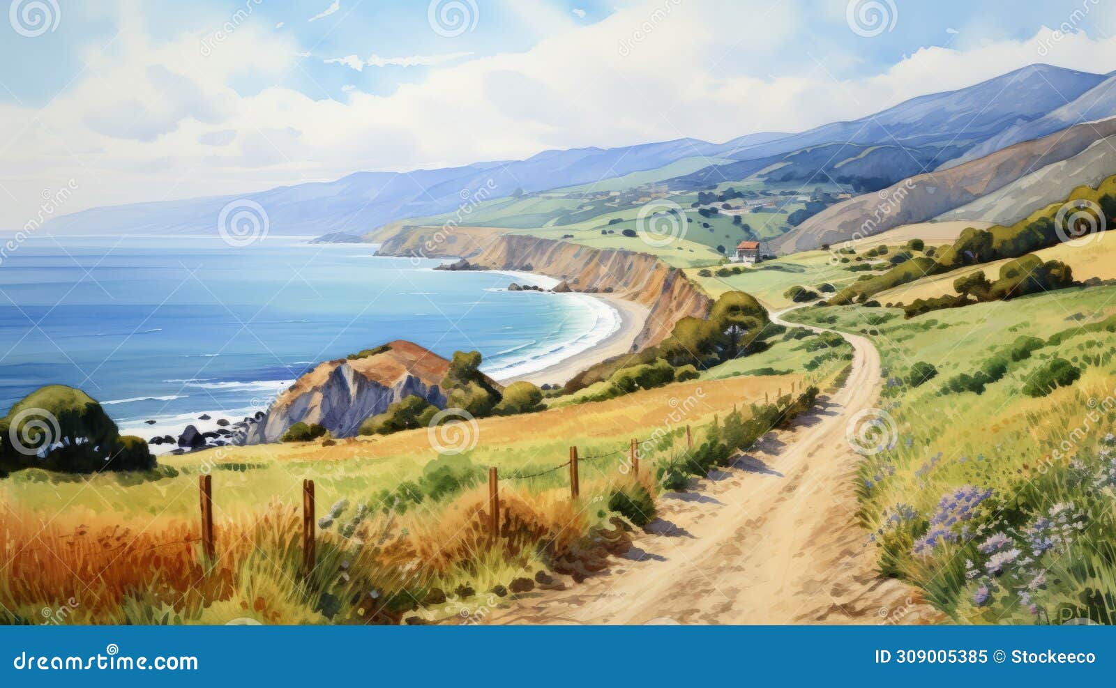 delicate watercolor painting of coastal road: precisionist art style