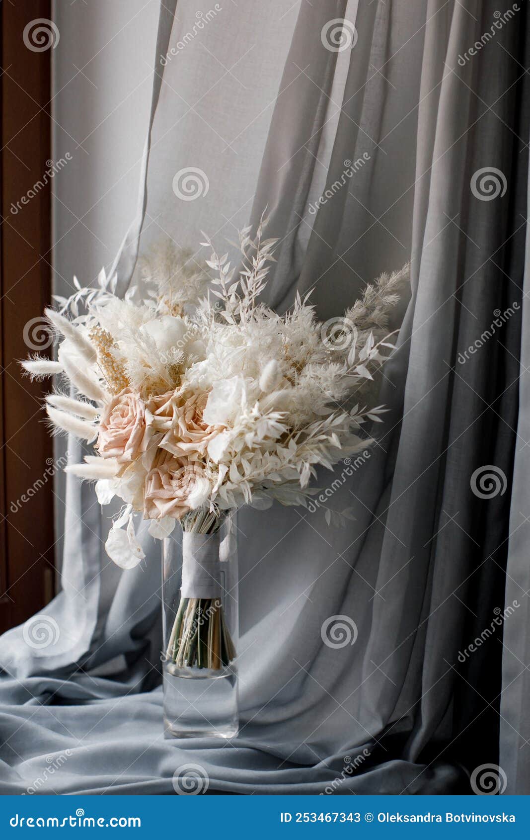 Delicate Wedding Bouquet in a Vase on the Curtain Stock Image Image