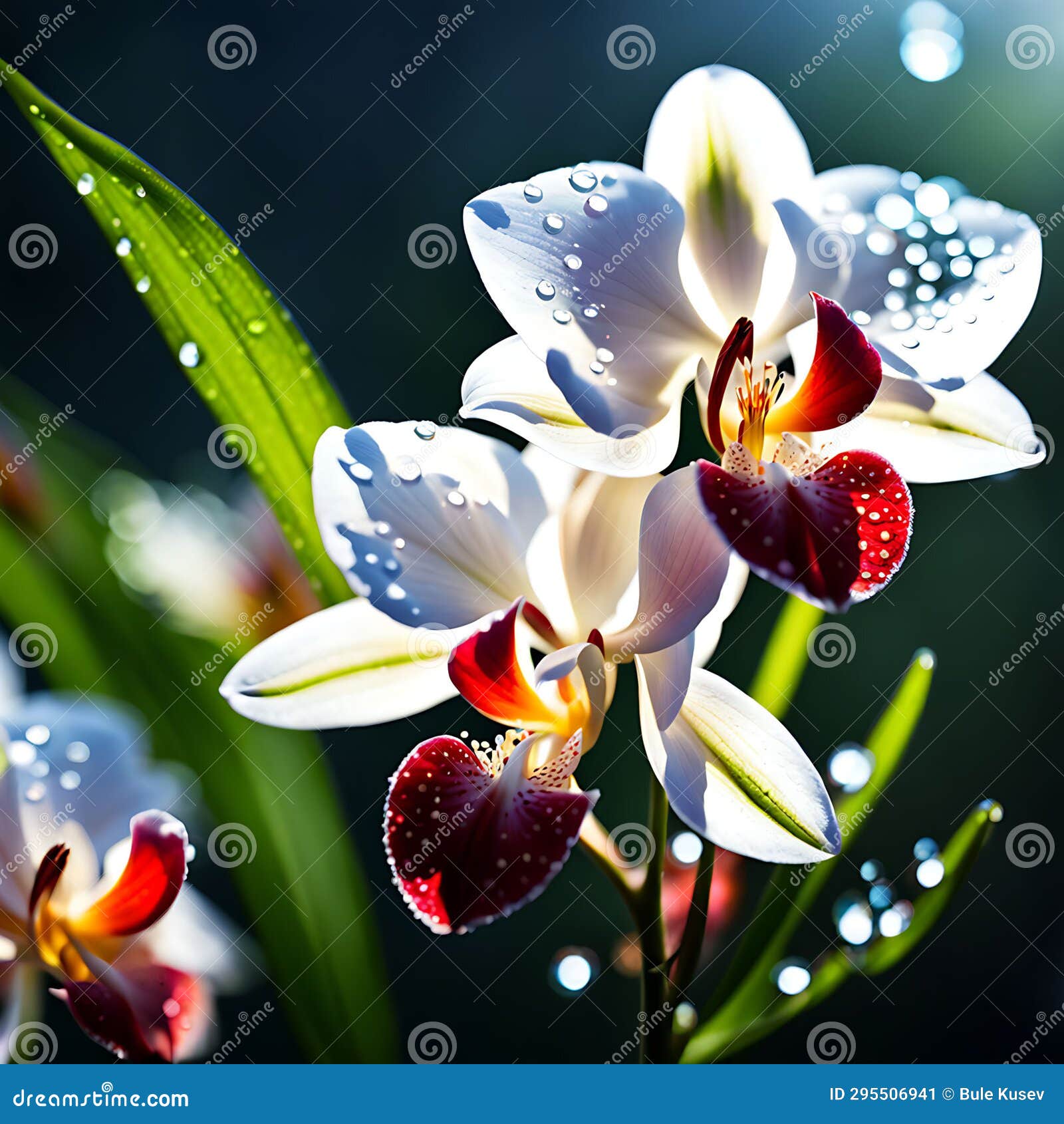 the delicate white and orange orquideas flowers bloom in the early morning light, adorned with a reflection in the water below.