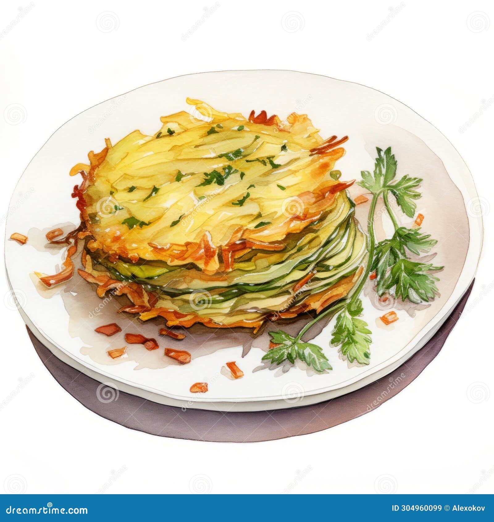 delicious andorran trinxat: a watercolor  of a cabbage and potato cake ai generated