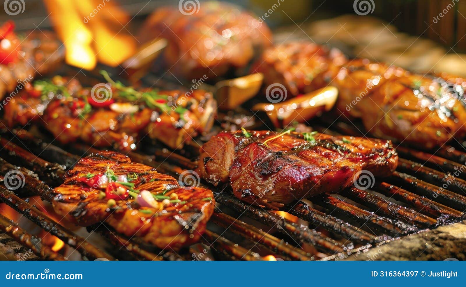 delicious aromas waft through the air as savory meats sizzle and char on the barbecue grill. 2d flat cartoon