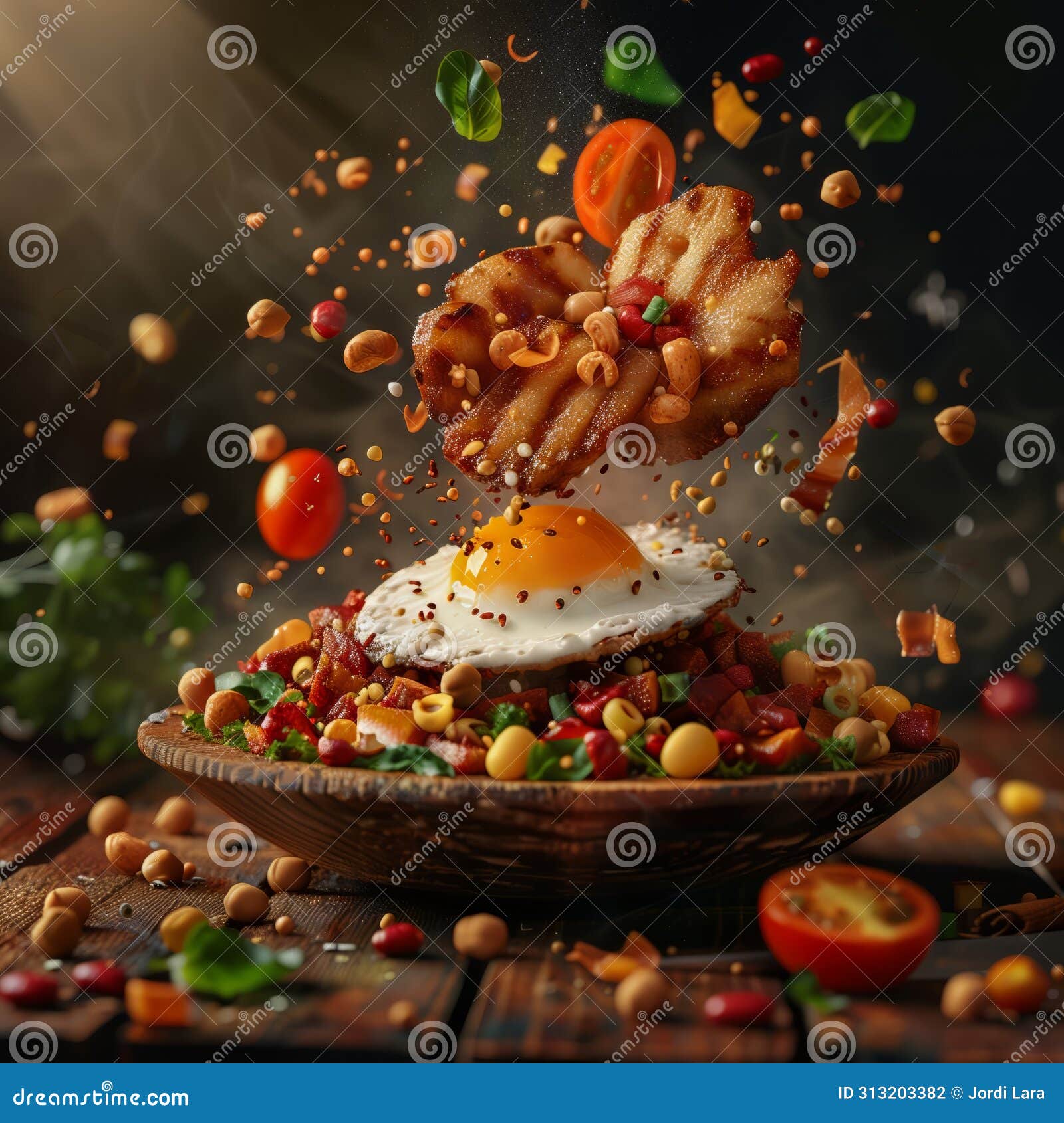 delicious bandeja paisa floating in the air, professional food photography, studio background, advertising photography, cooking