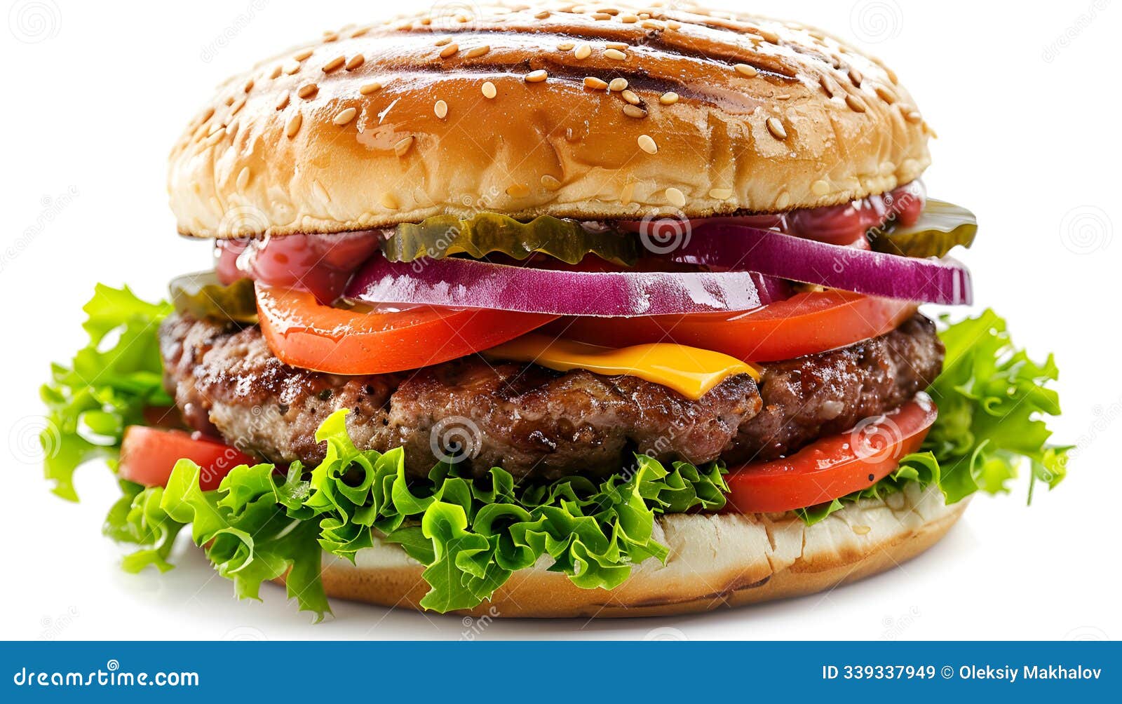 delicious beef burger consists of bun bread, patty, pickle, onion, mayonaisse, ketchup, cheddar cheese and lettuce, fast food