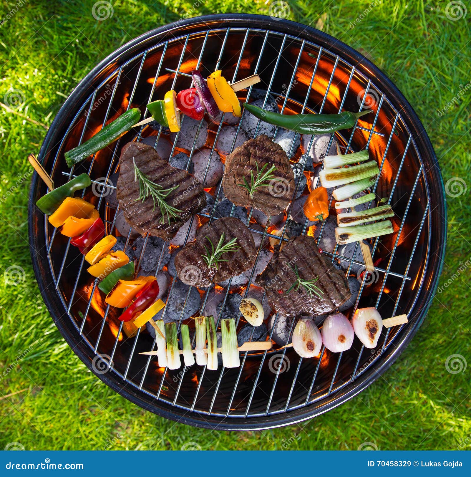Delicious Beef Steaks with Vegetable on a Barbecue Grill. Stock Image