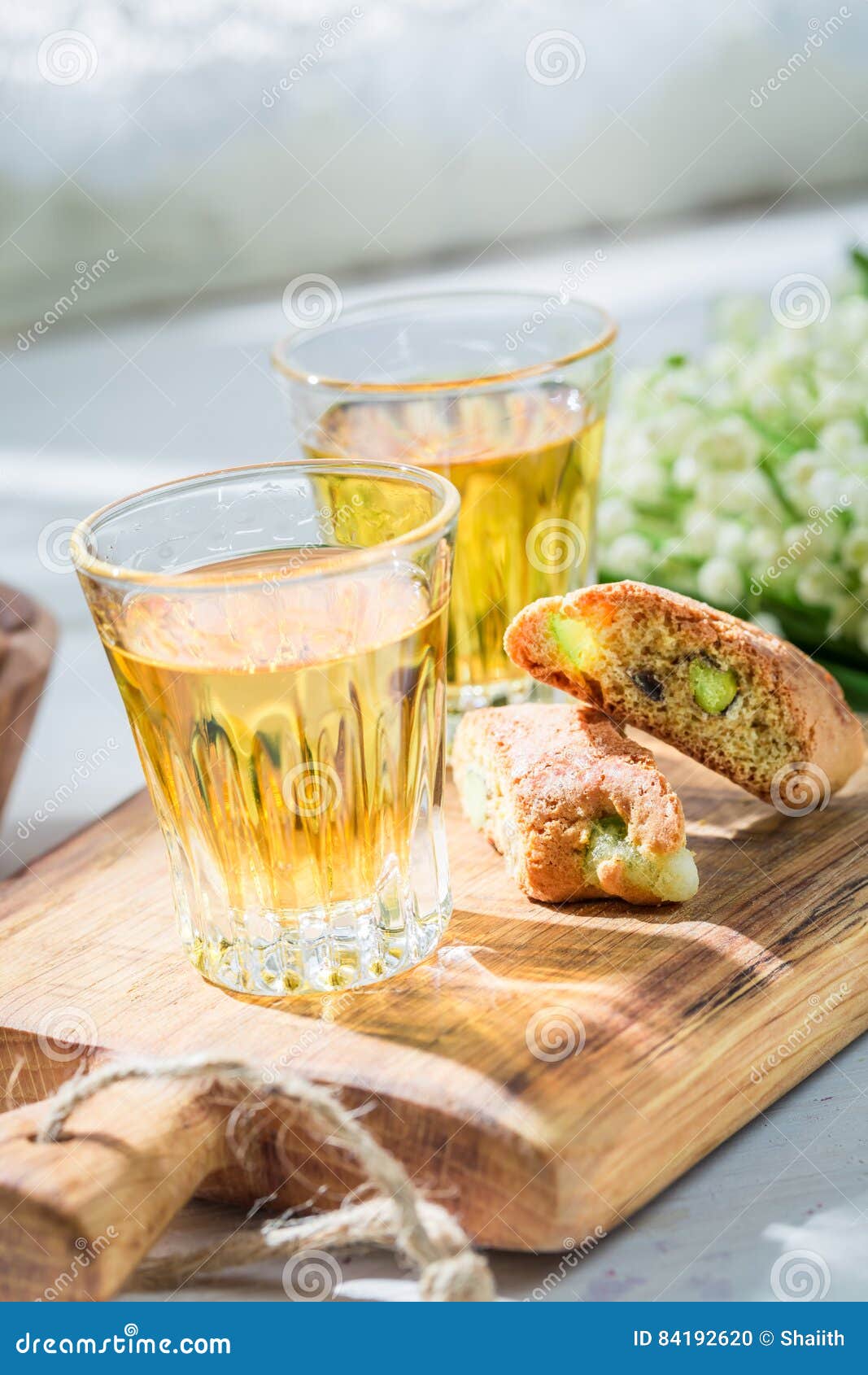 Delicious Biscotti with Pistachios and Vin Santo Wine Stock Photo