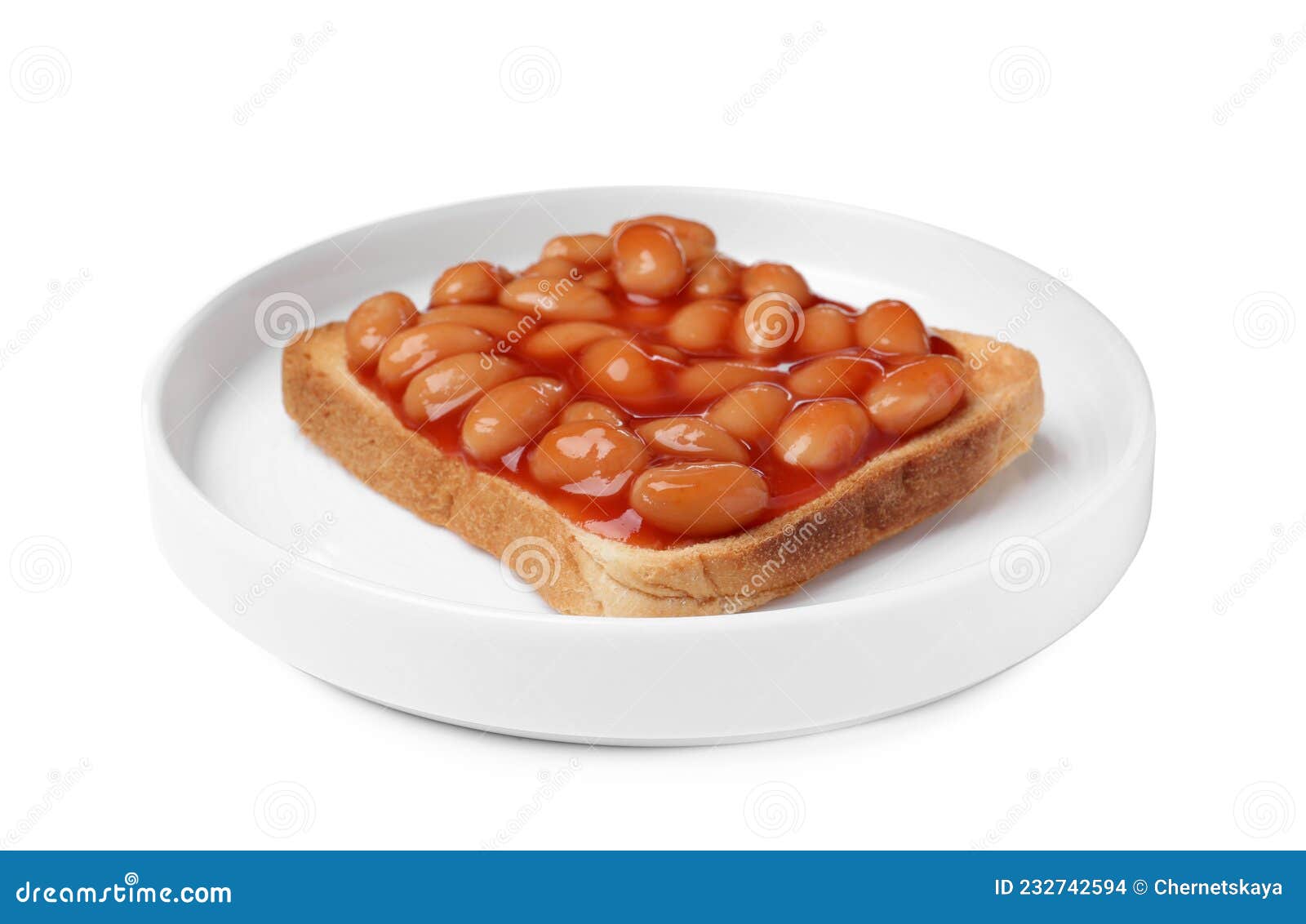 Delicious Bread Slice with Baked Beans Isolated on White Stock Photo