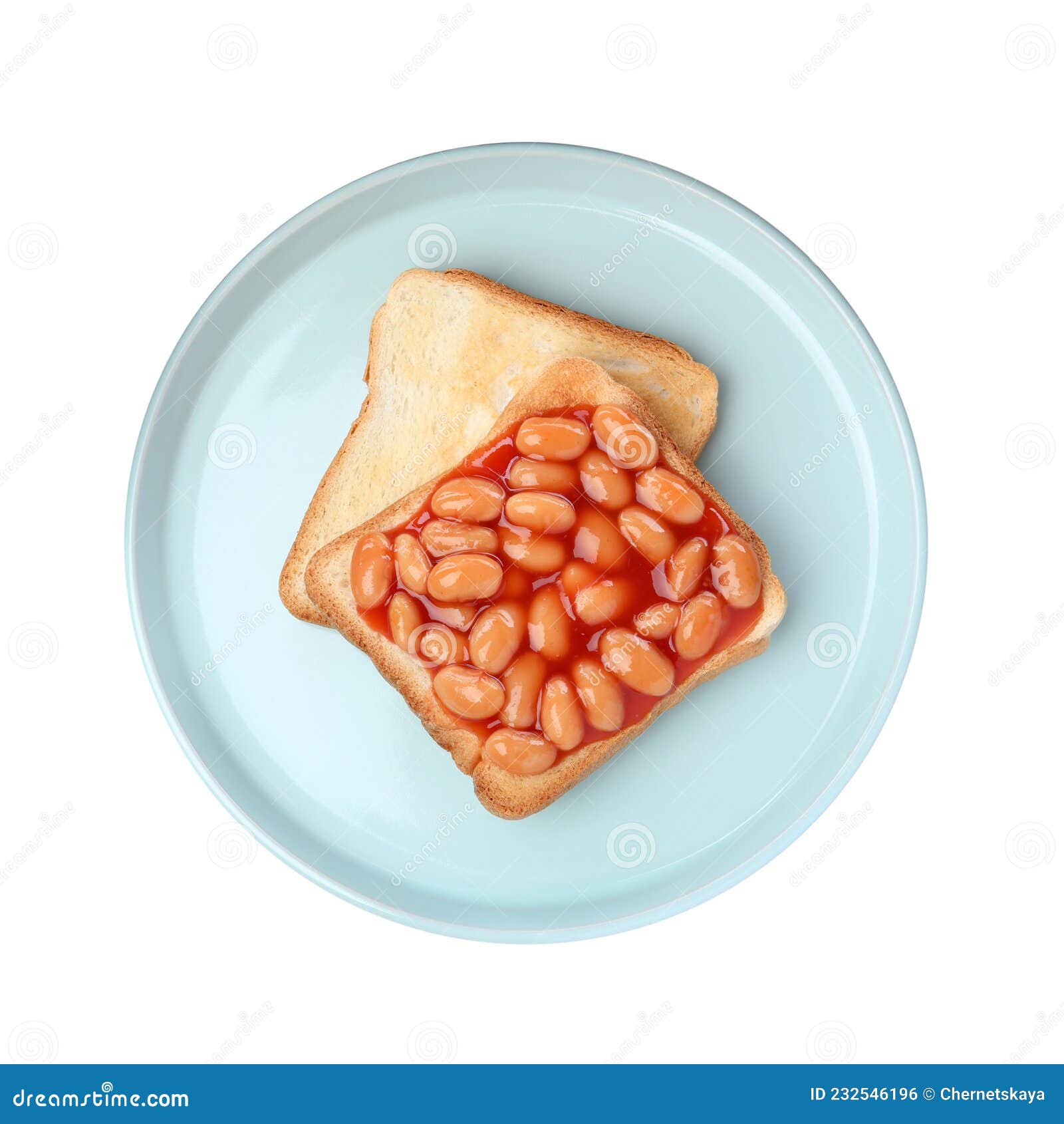 Delicious Bread Slices with Baked Beans on White Background, Top View