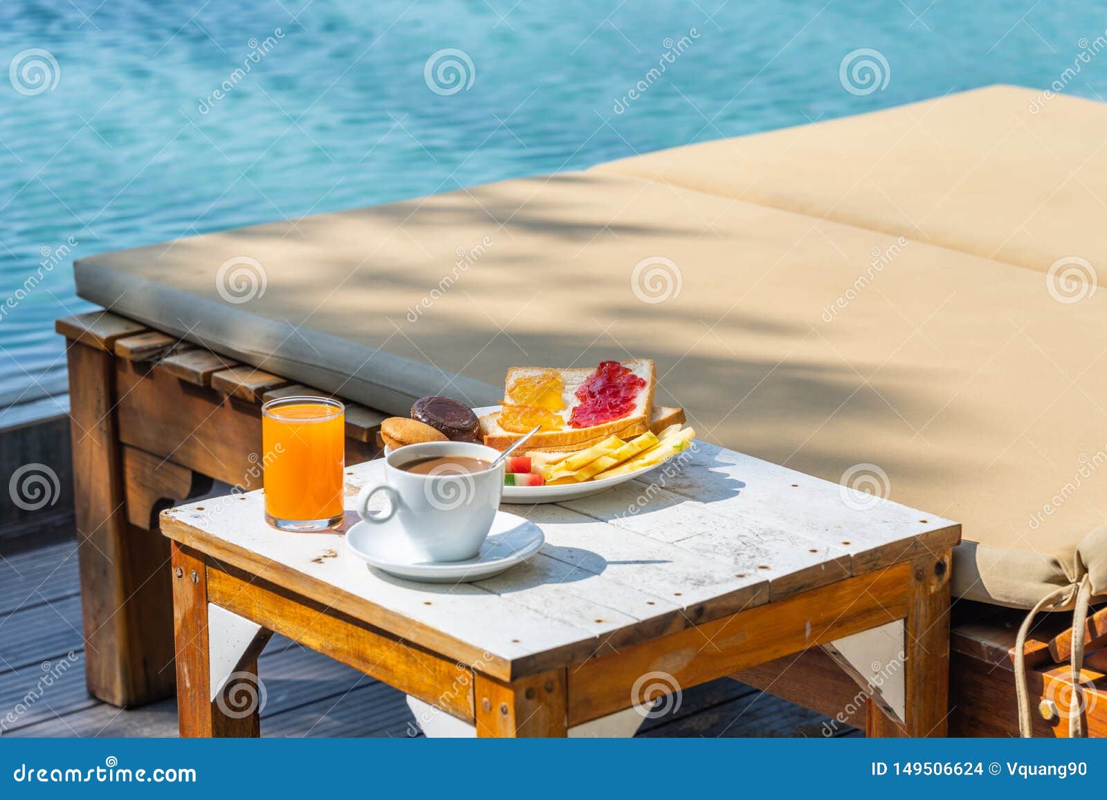 Delicious Breakfast at Resort with Coffee, Fruit and Juices Stock Photo