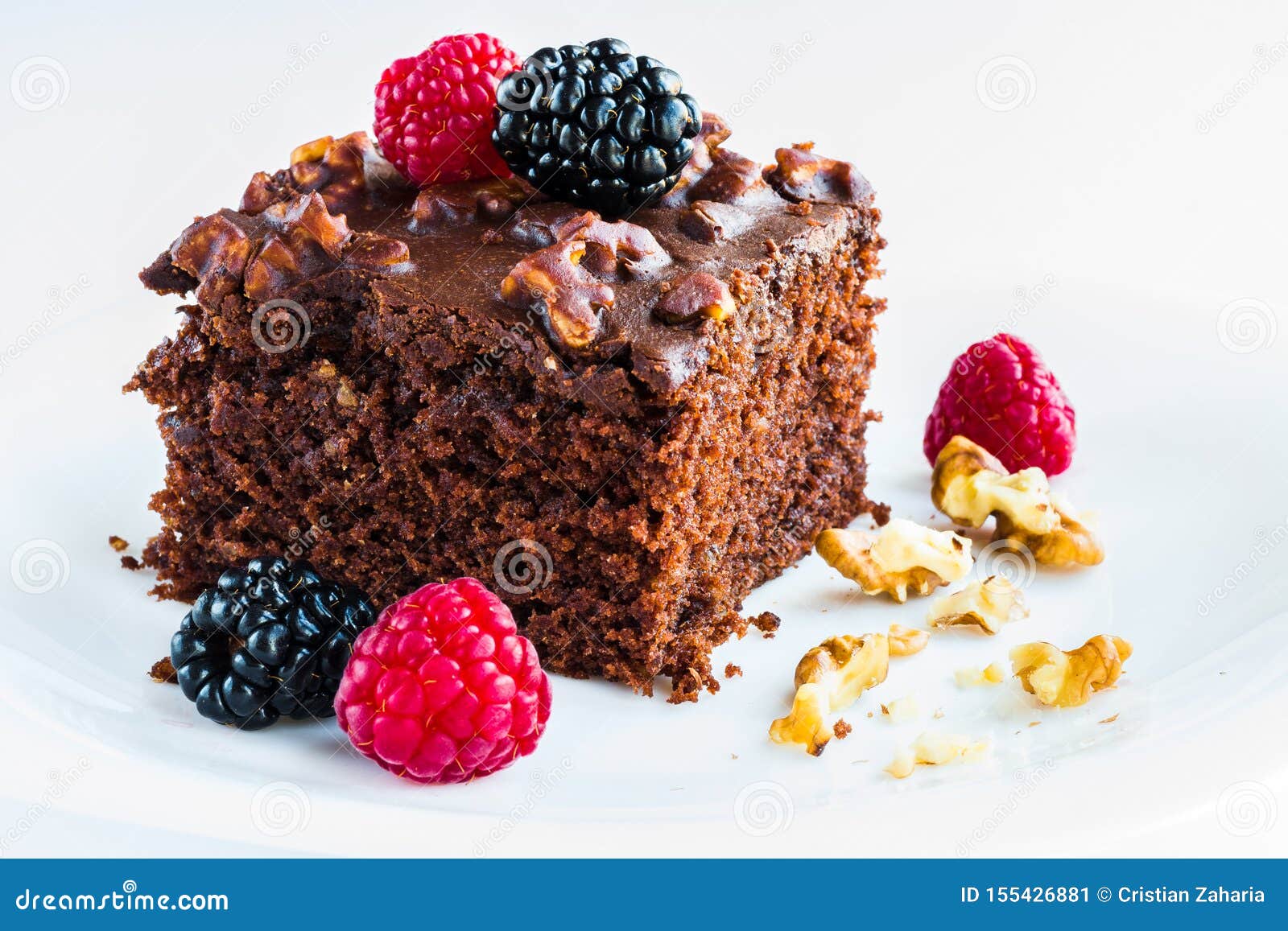 delicious brownie with silvestre fruits closeup.