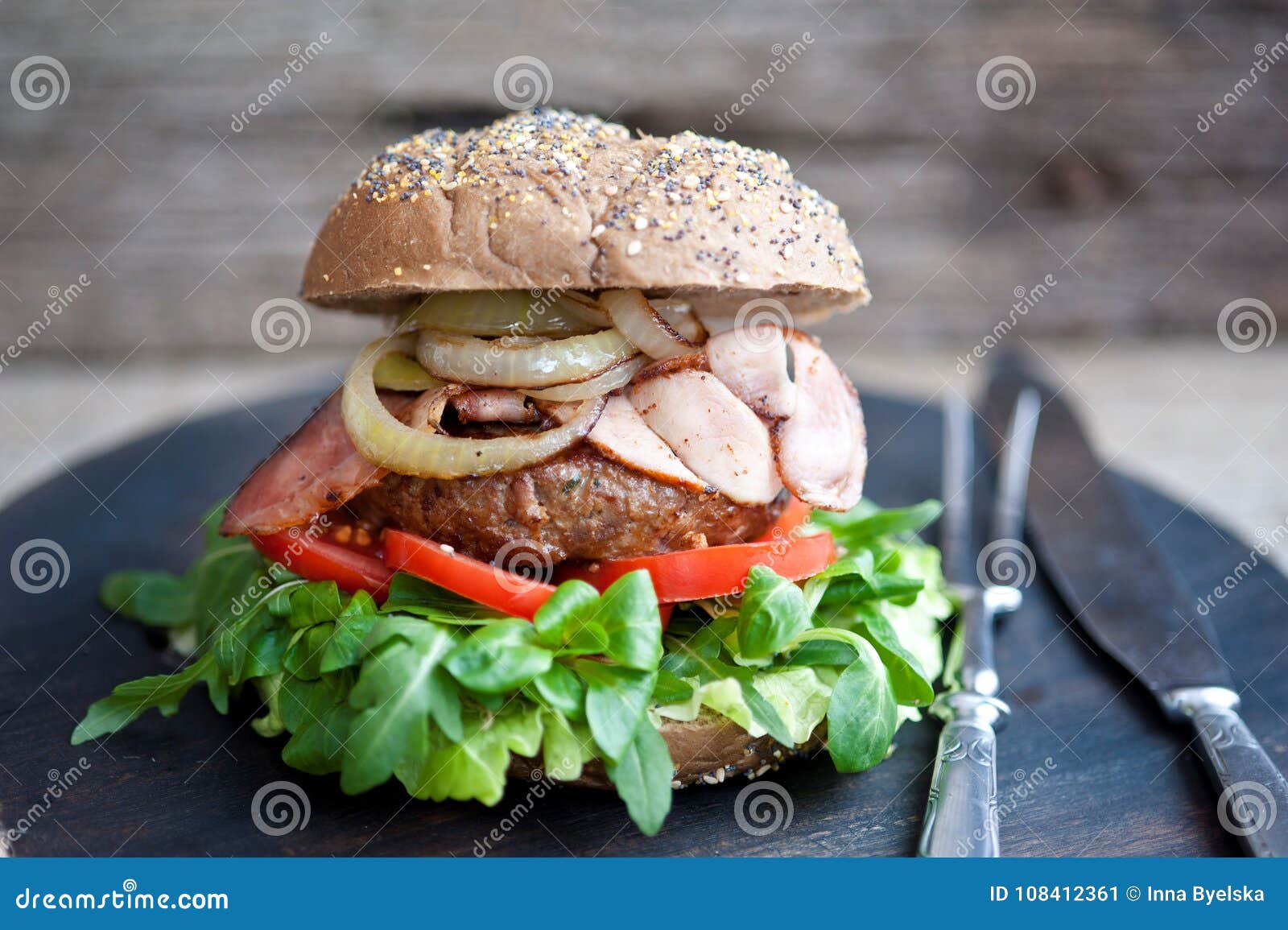 Delicious Burger with Bacon and Fried Onion Stock Image - Image of