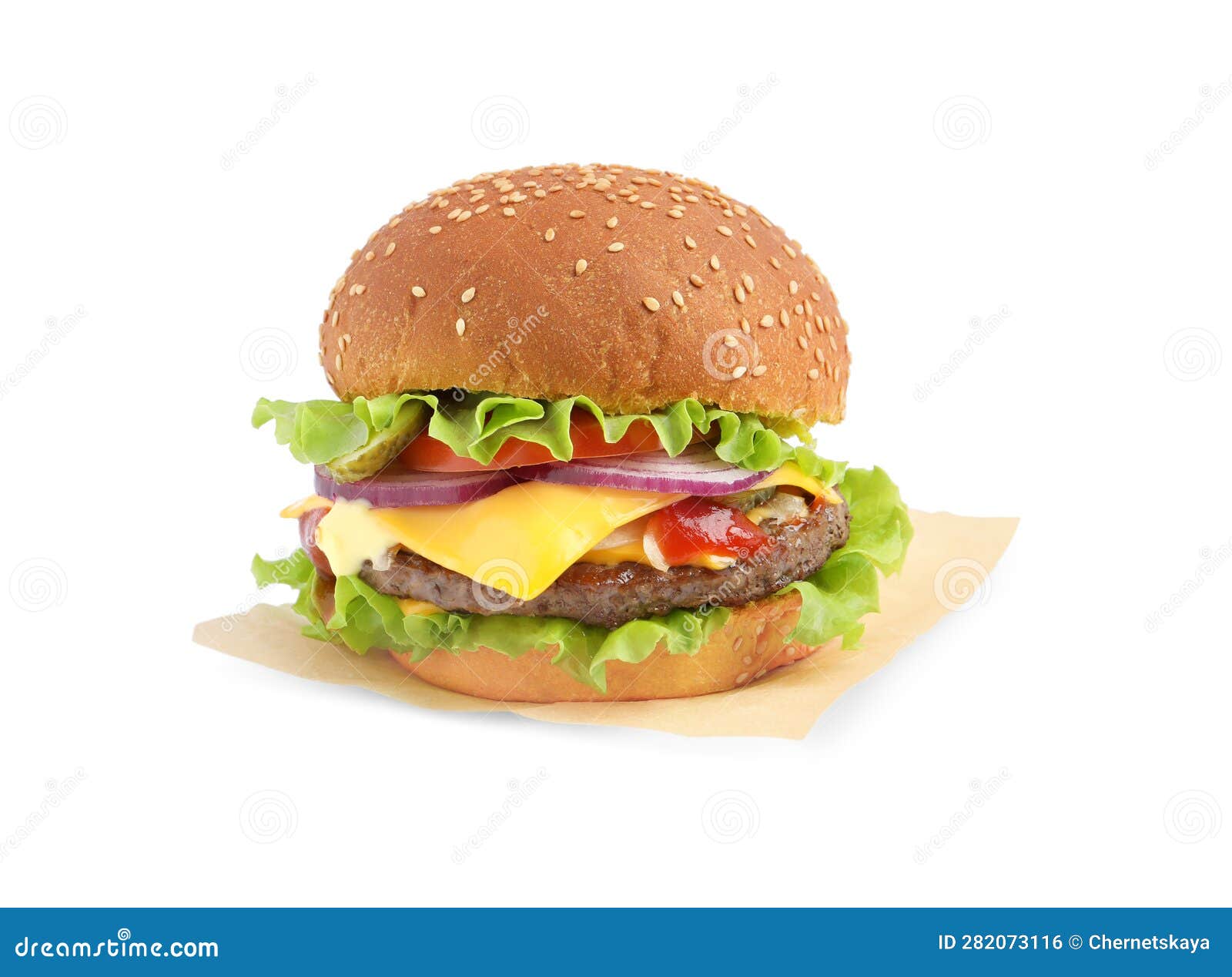 Delicious Burger with Beef Patty and Lettuce Isolated on White Stock