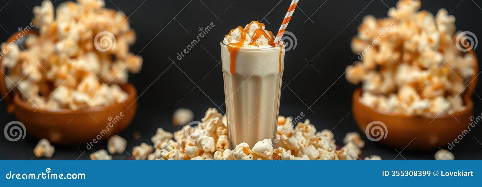 delicious caramel milkshake surrounded by fluffy popcorn on a dark background with striped straw