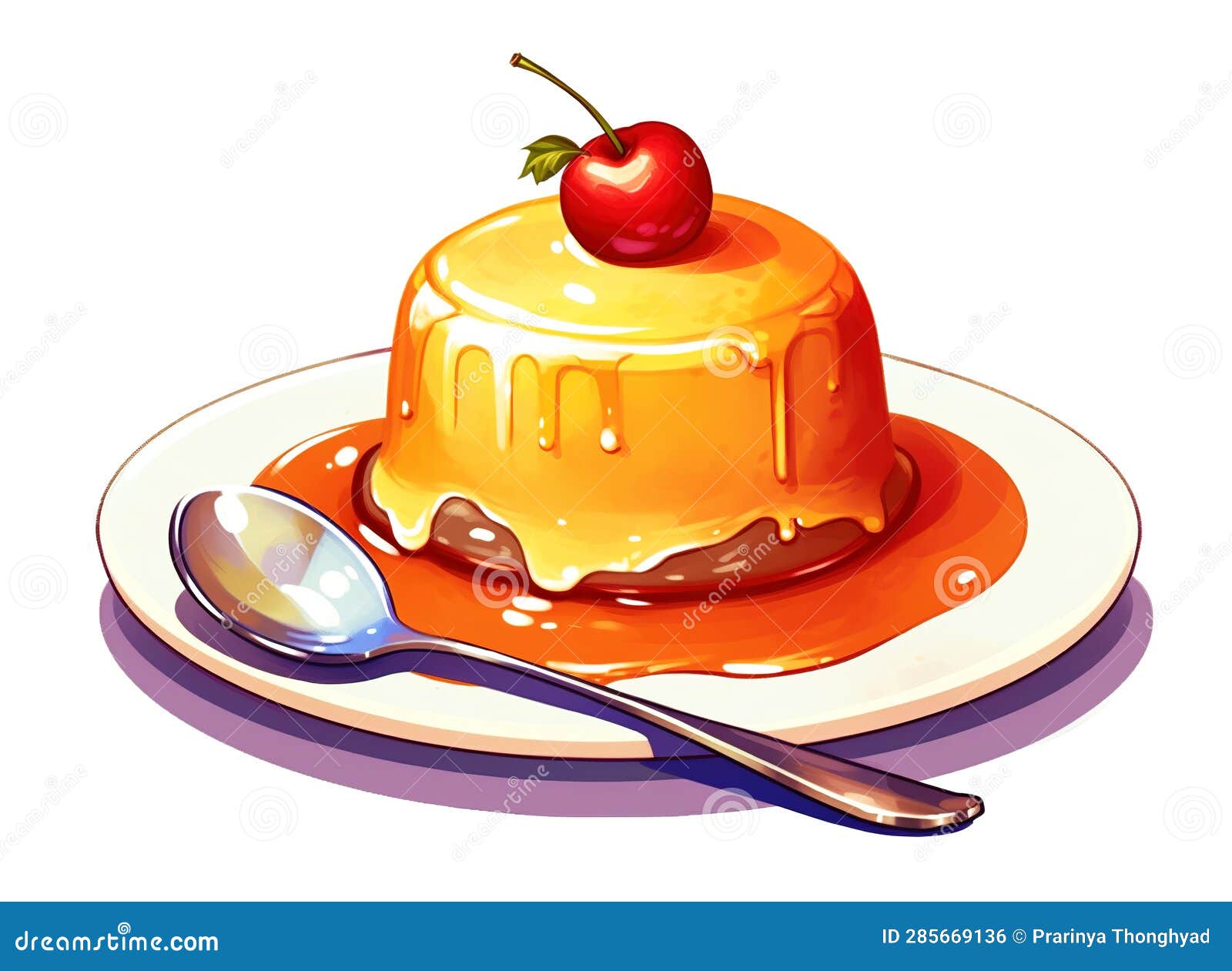 Delicious Caramel Pudding on a Plate with a Spoon, Delicious Cake Stock