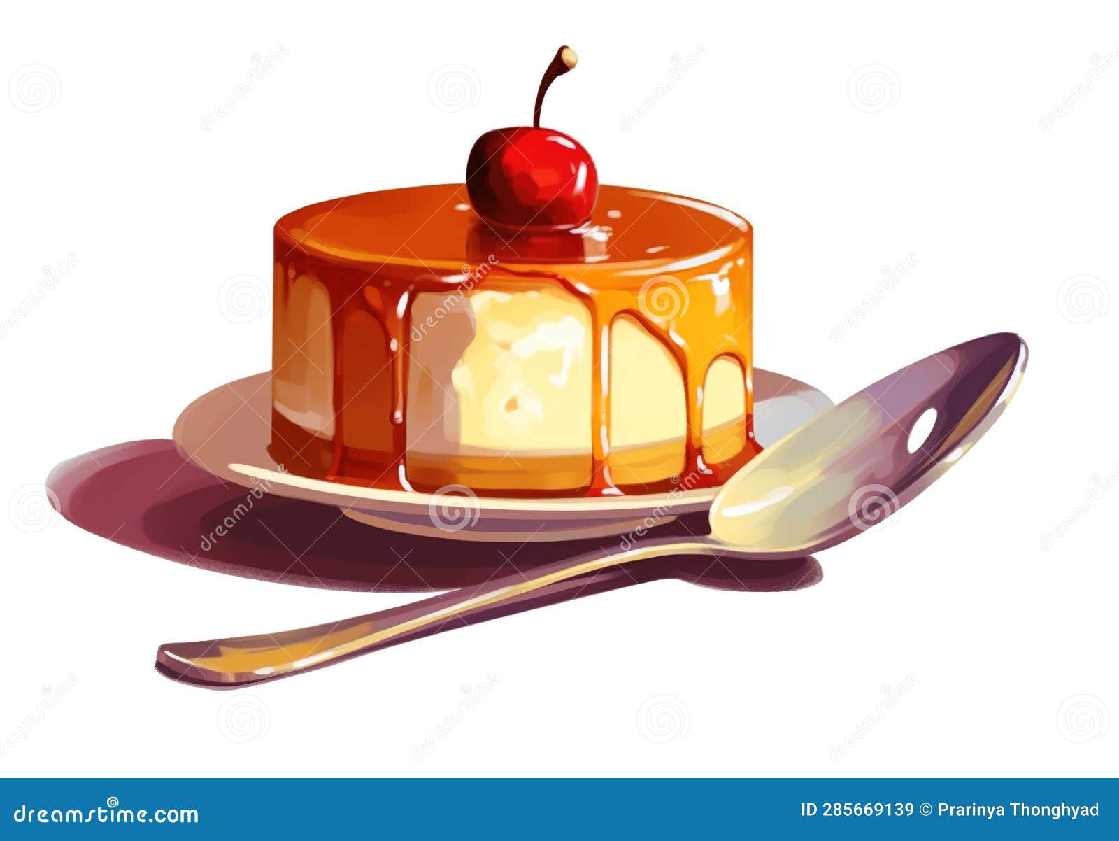 Delicious Caramel Pudding on a Plate with a Spoon, Delicious Cake Stock