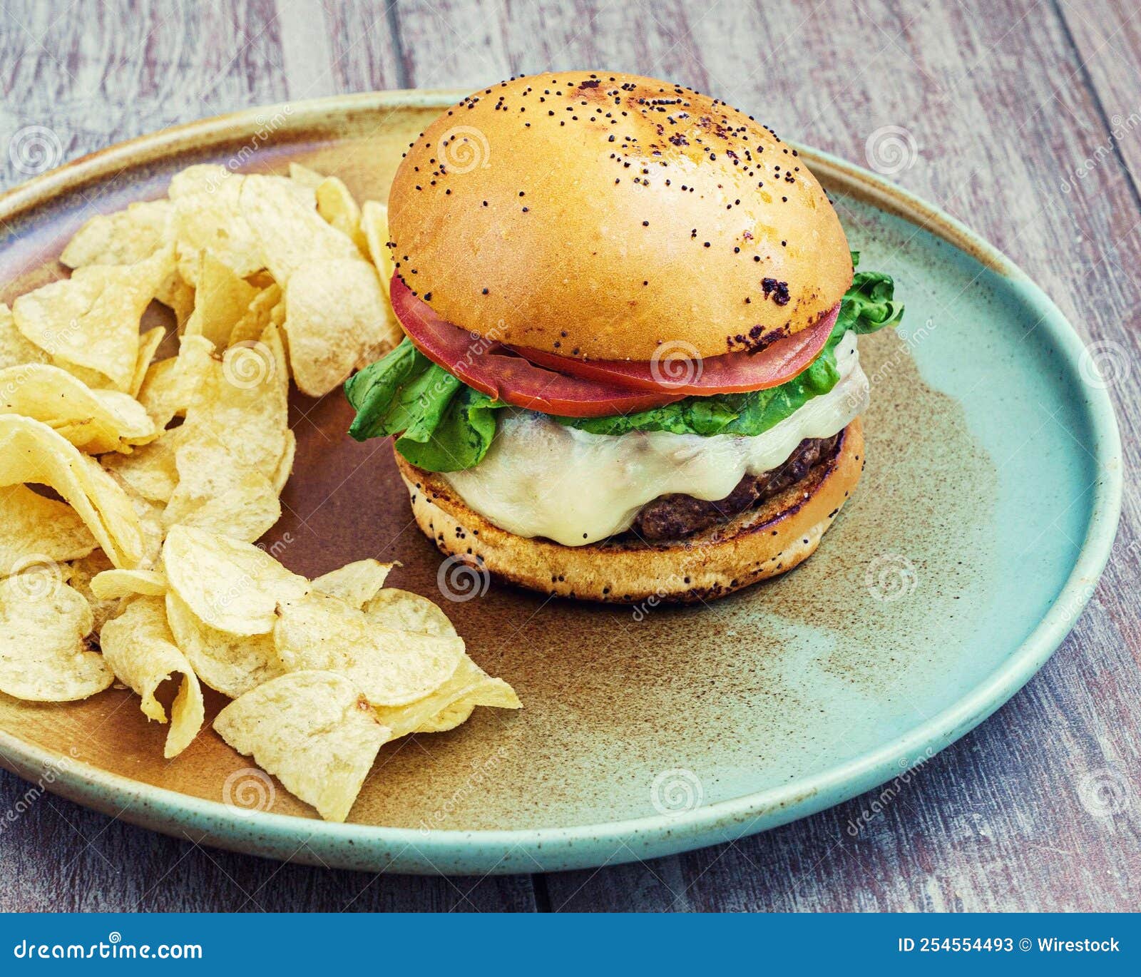 Cheese Hamburger with Potato Chips Stock Image Image of delicious