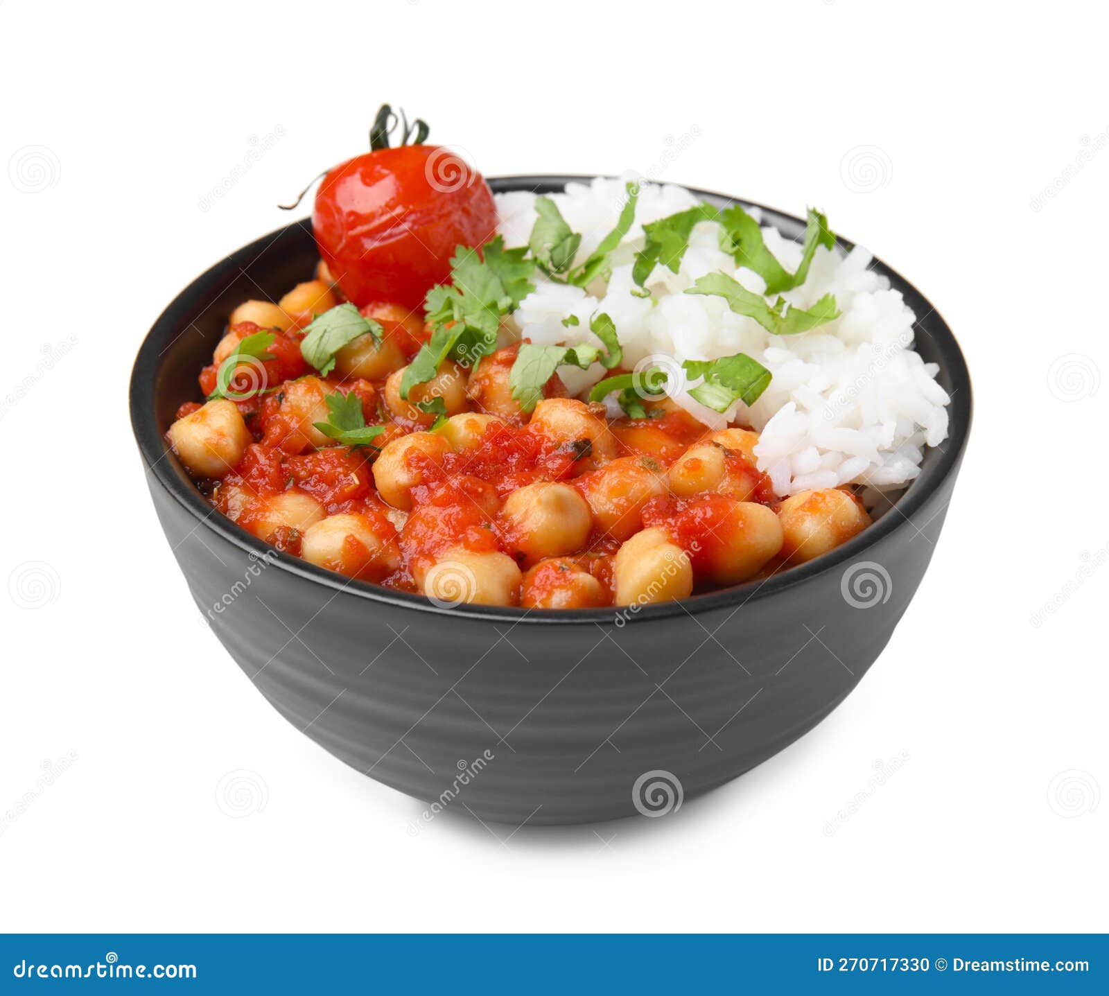 Delicious Chickpea Curry with Rice in Bowl Isolated on White Stock