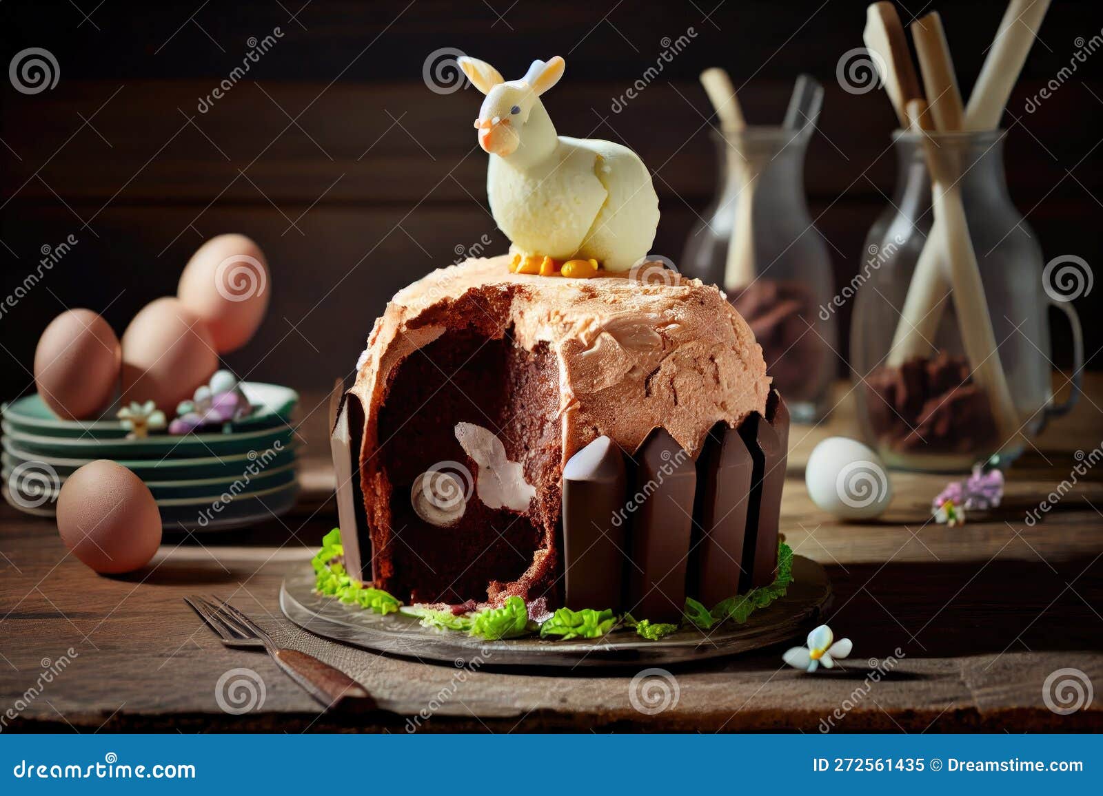 Delicious Chocolate Easter Lamb Cake in Section on Table Stock Image