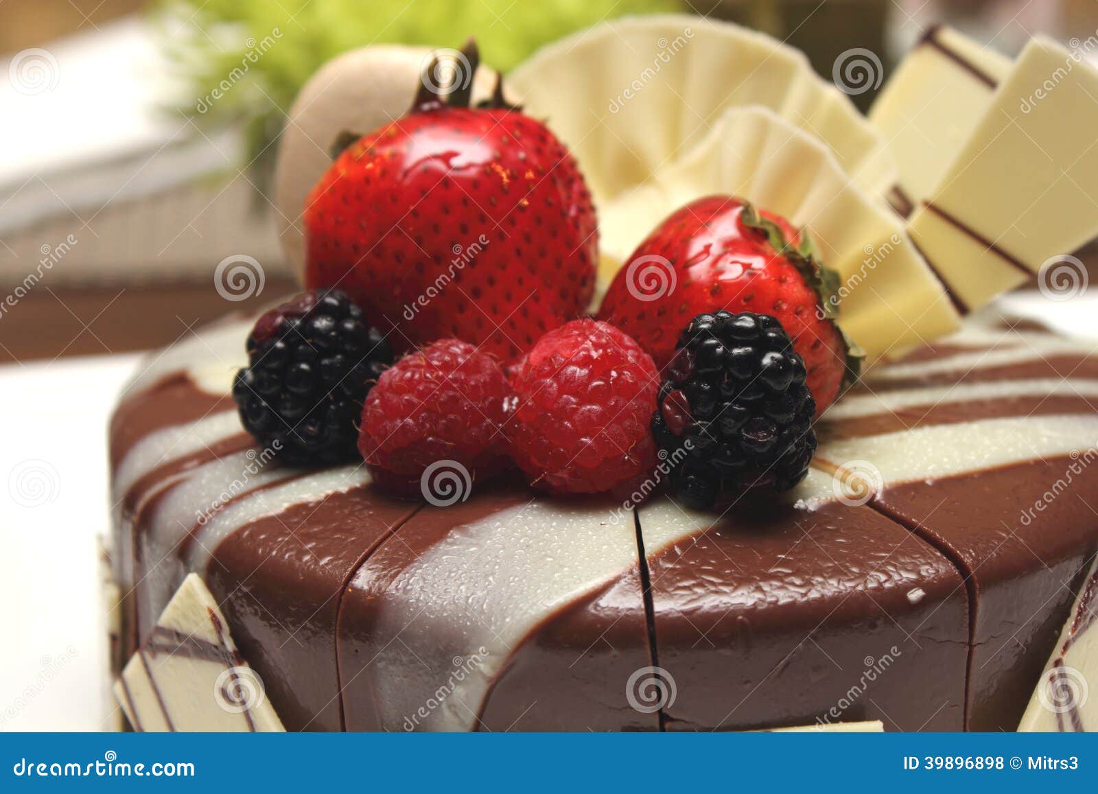 Delicious Chocolate Strawberry Cake with Chocolate Ganache. Stock Photo