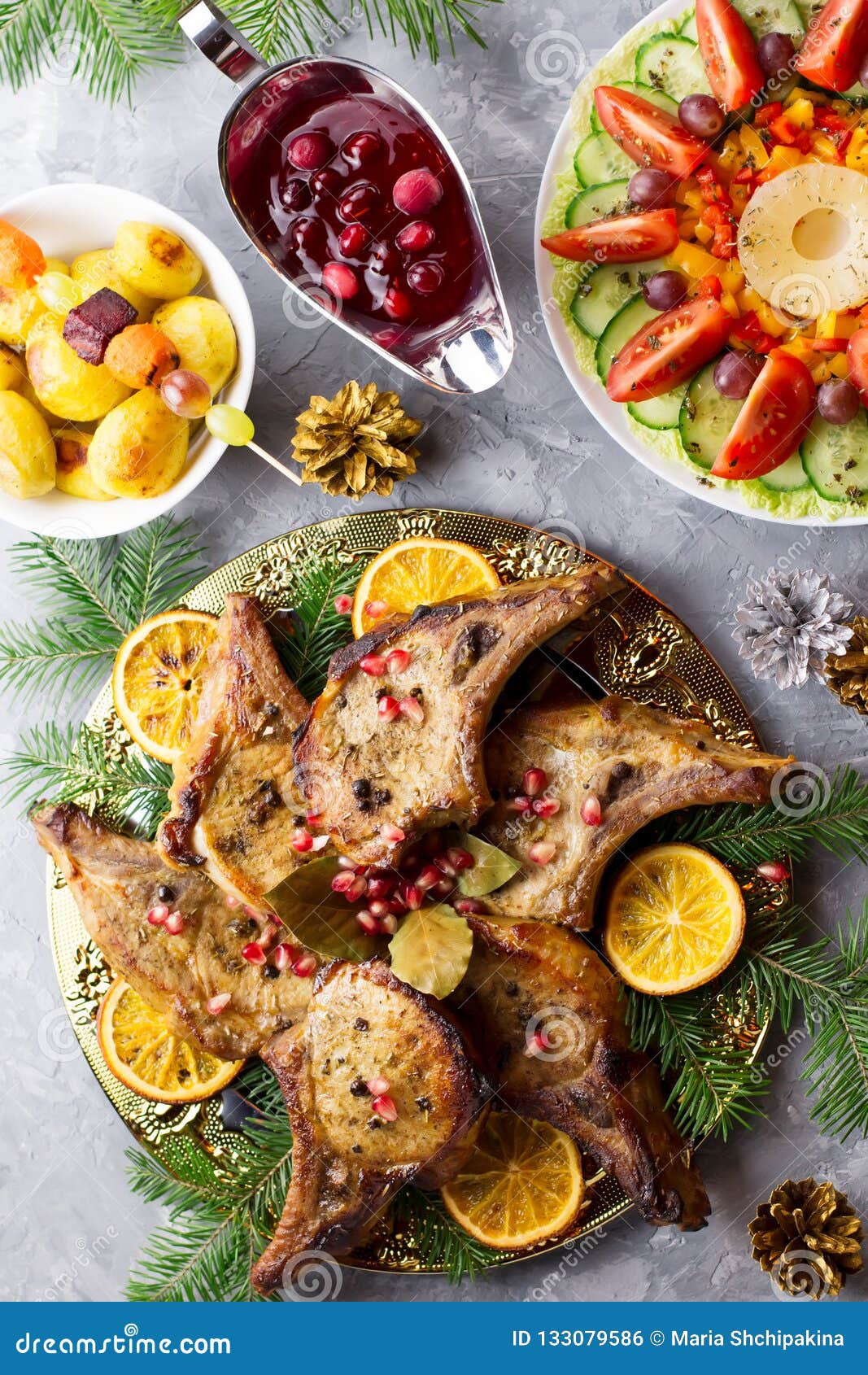 Christmas Dinner with Roasted Meat Steak, Christmas Wreath Salad, Baked ...