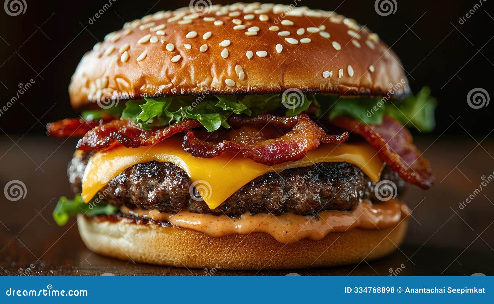 a delicious close-up of a bacon cheeseburger with cheese, pickles, and lettuce, all sandwiched in a sesame seed bun