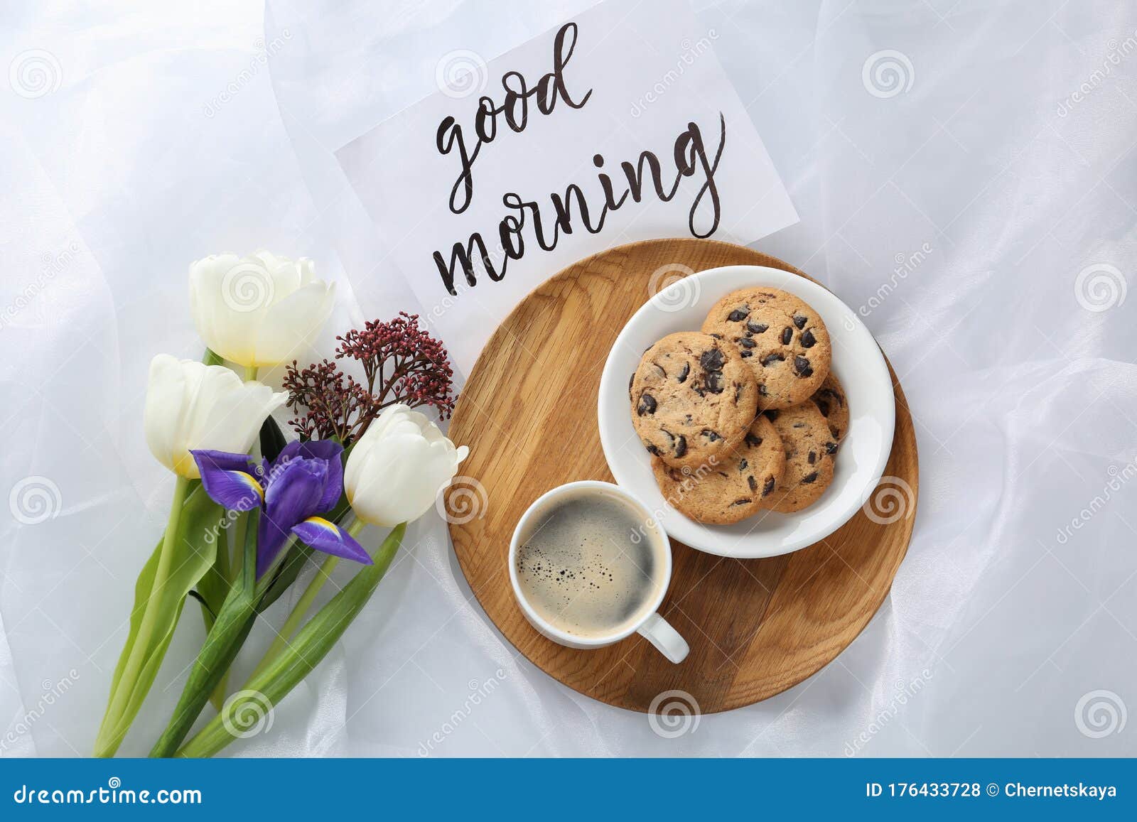Delicious Coffee, Cookies, Flowers and GOOD MORNING Wish on White ...