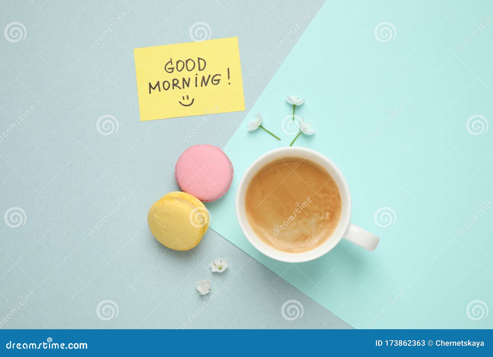 Delicious Coffee, Macarons, Flowers and Card with GOOD MORNING ...