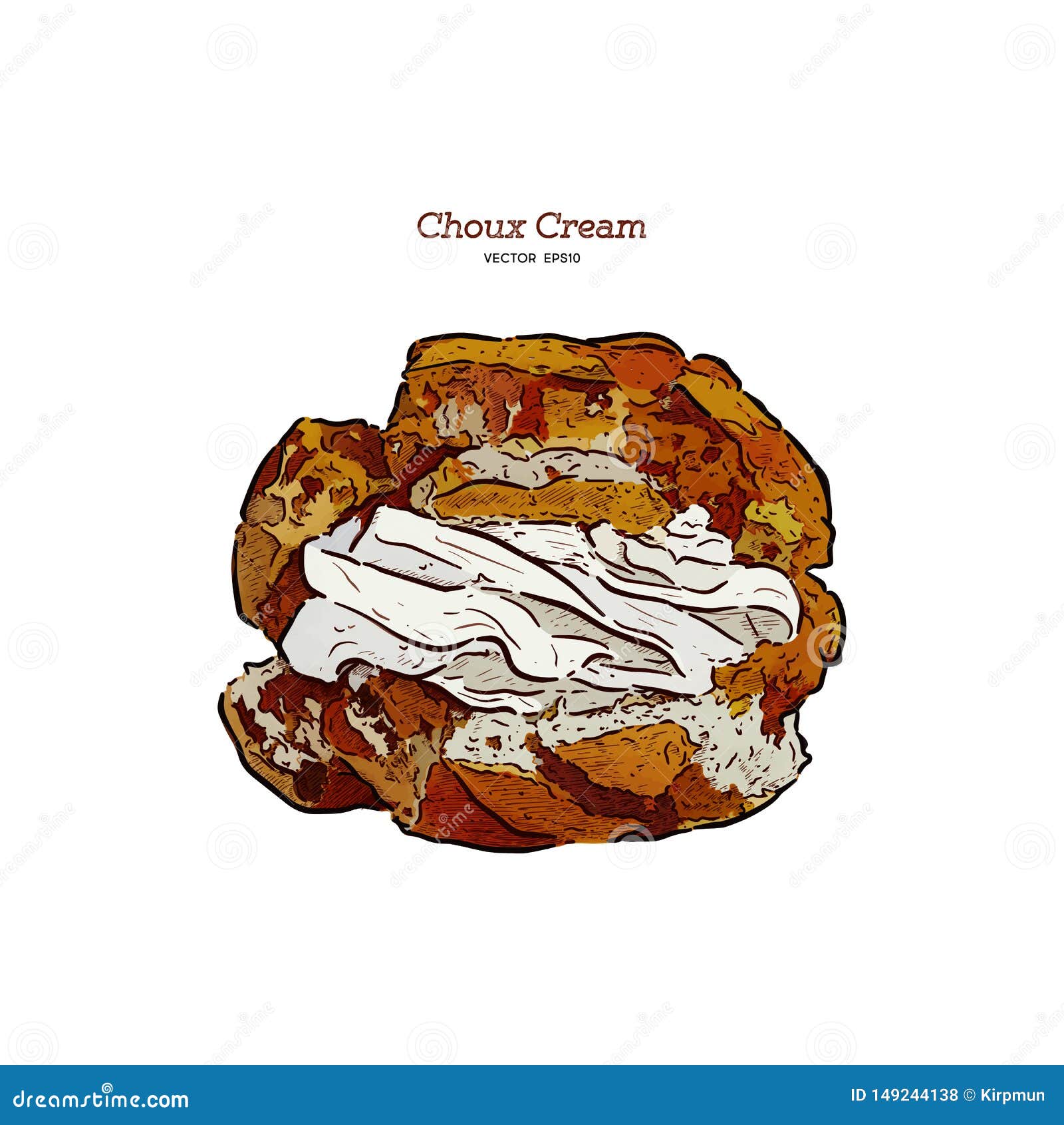 Delicious Cream Puff Cakes With Cream, Hand Draw Vector Stock Vector