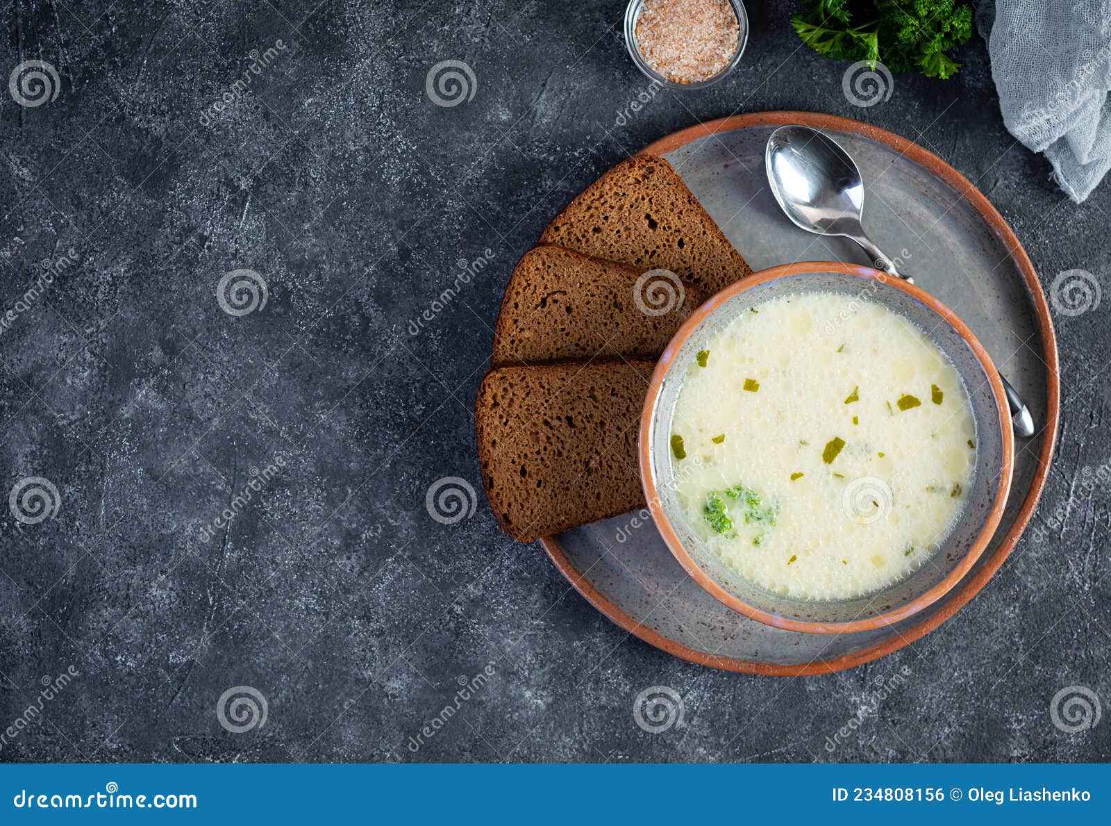 Delicious Creamy Beef Soup. Vegetable Creamy Soup with Beef, Herbs and