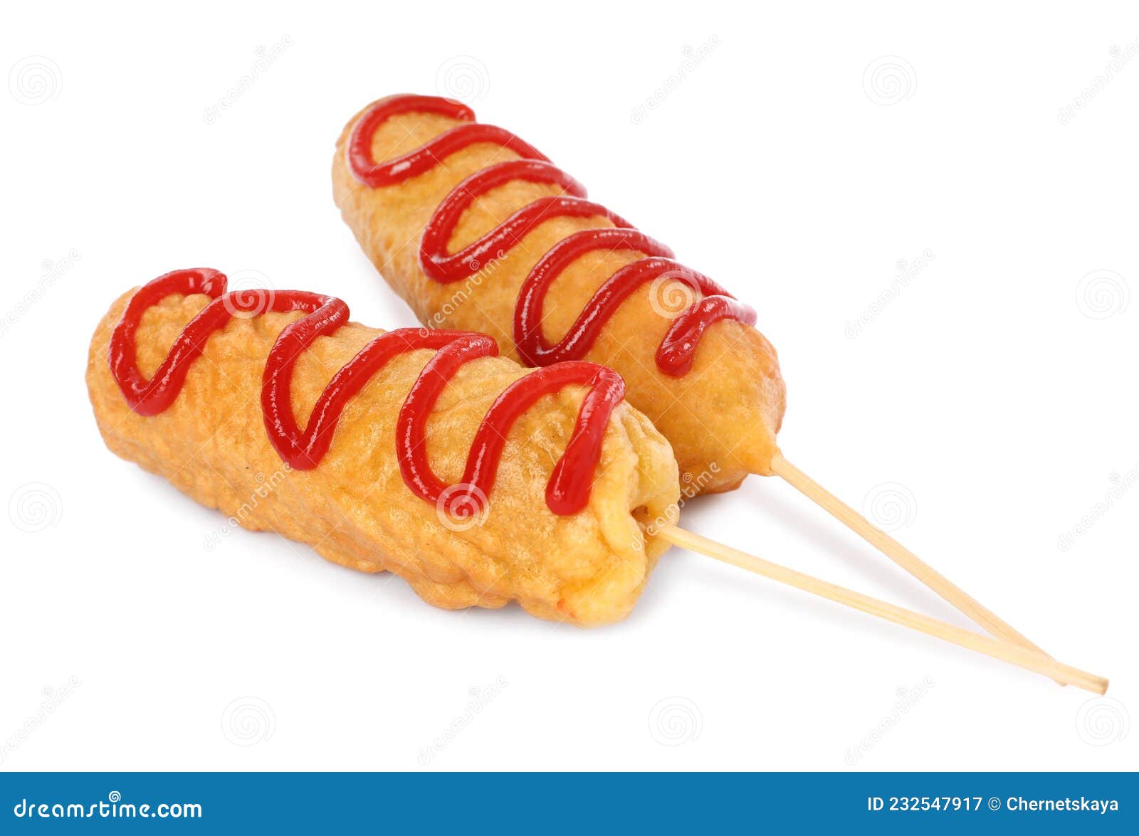 Delicious Deep Fried Corn Dogs with Ketchup on White Background Stock