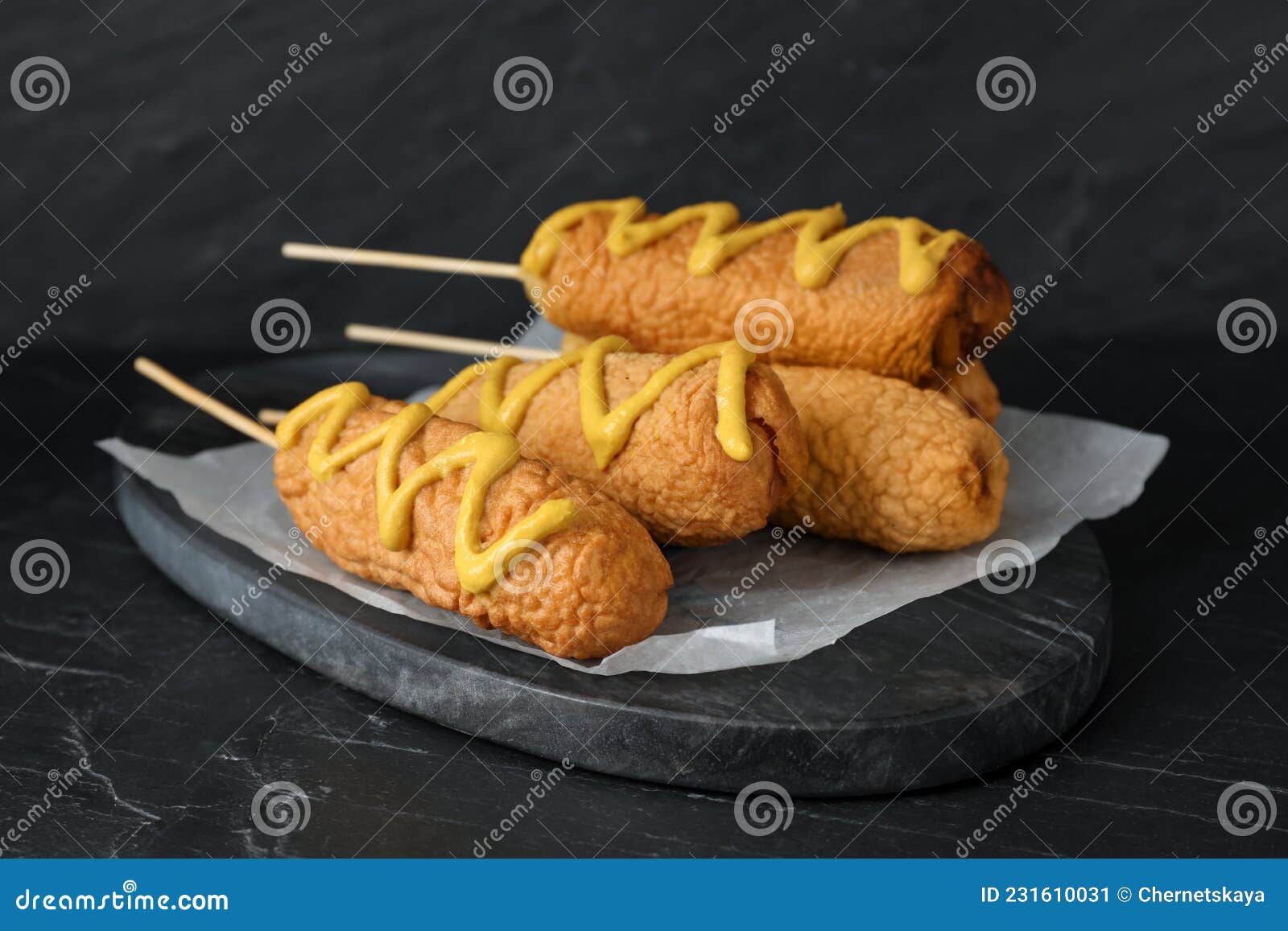 Delicious Deep Fried Corn Dogs with Mustard on Black Table Stock Image Image of food, cooked