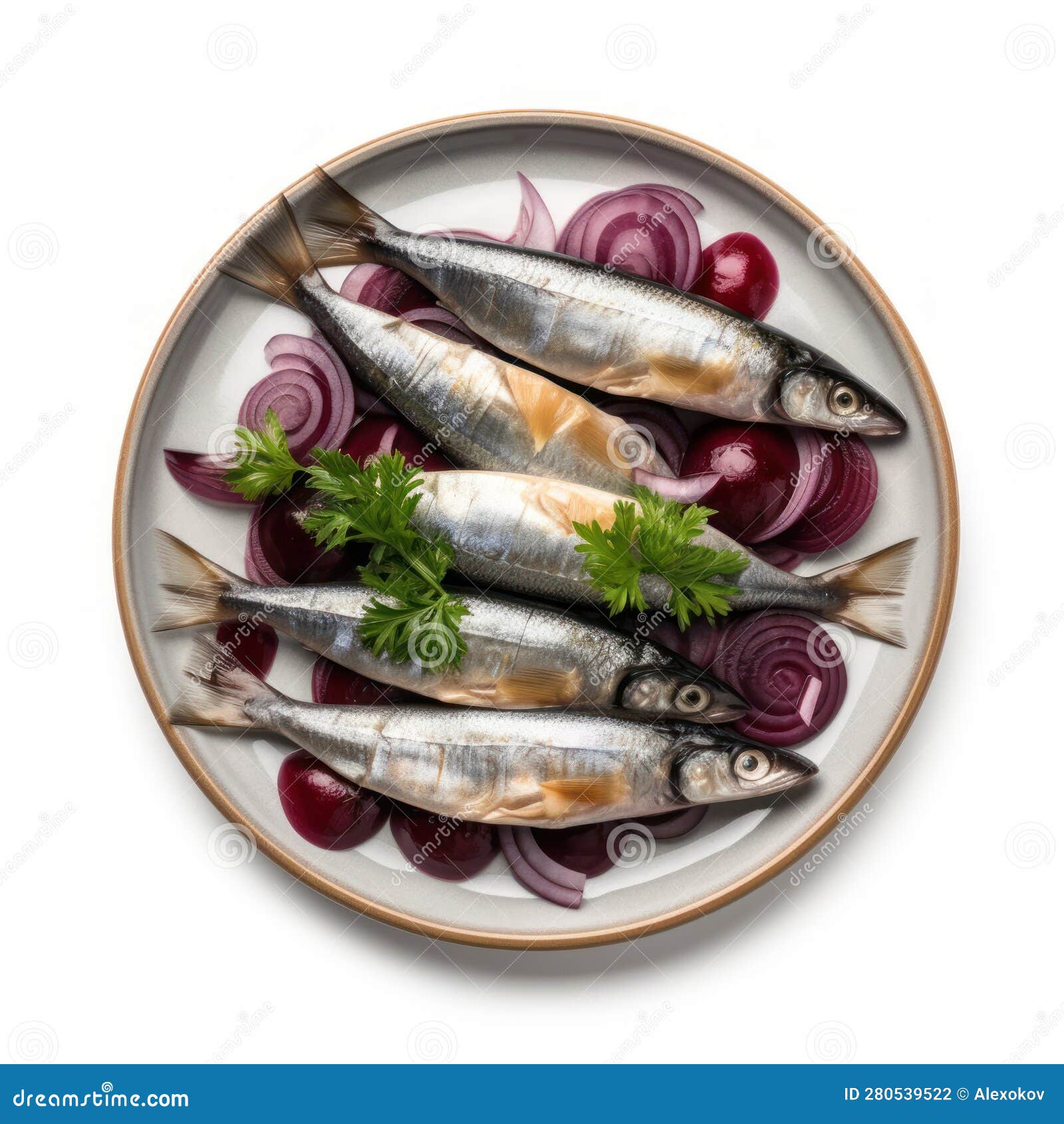 Delicious Dutch Herring with Onions on a Plate High Resolution Image . Stock Illustration