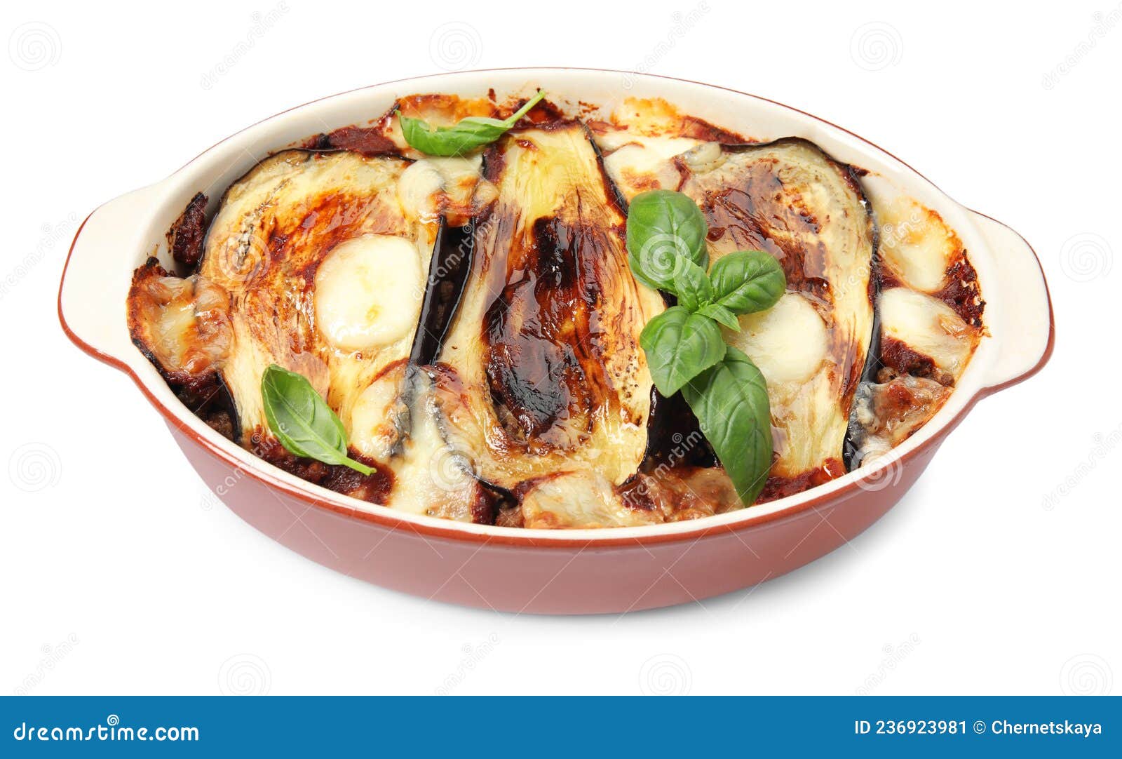 Delicious Eggplant Lasagna in Baking Dish Isolated on White Stock Image